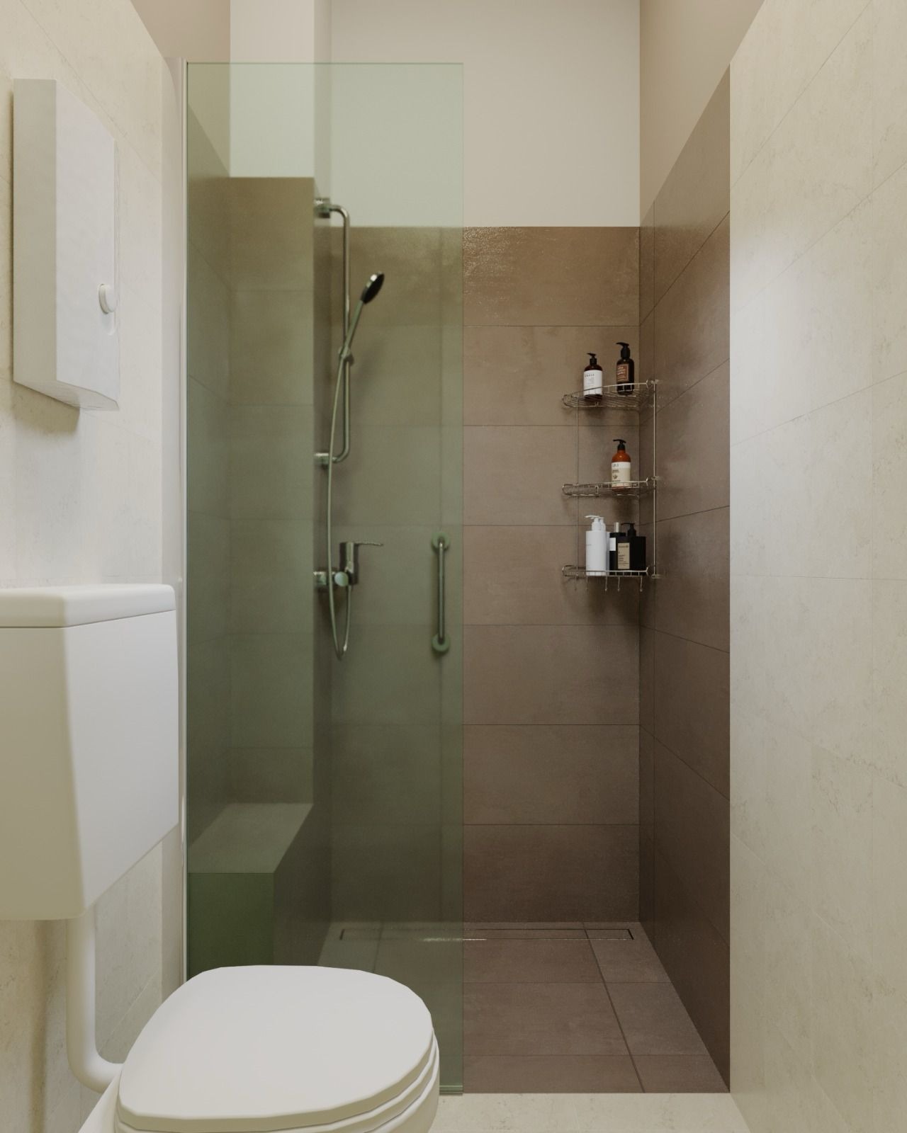 Nowoczesna kabina prysznicowa za szklaną ścianką, z półkami na kosmetyki i siedziskiem. Uwagę zwraca minimalistyczny design i stonowana kolorystyka płytek.