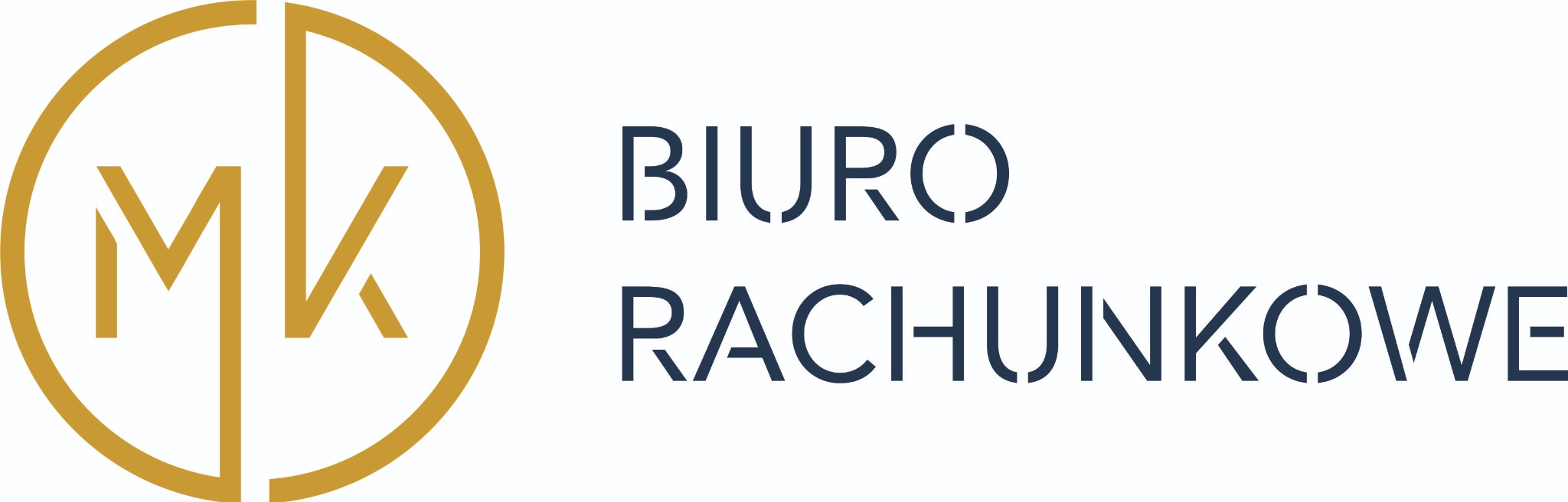 Eleganckie logo biura rachunkowego z inicjałami MK w złotym okręgu i nazwą firmy w granatowej czcionce. Minimalistyczny design, nowoczesny branding.