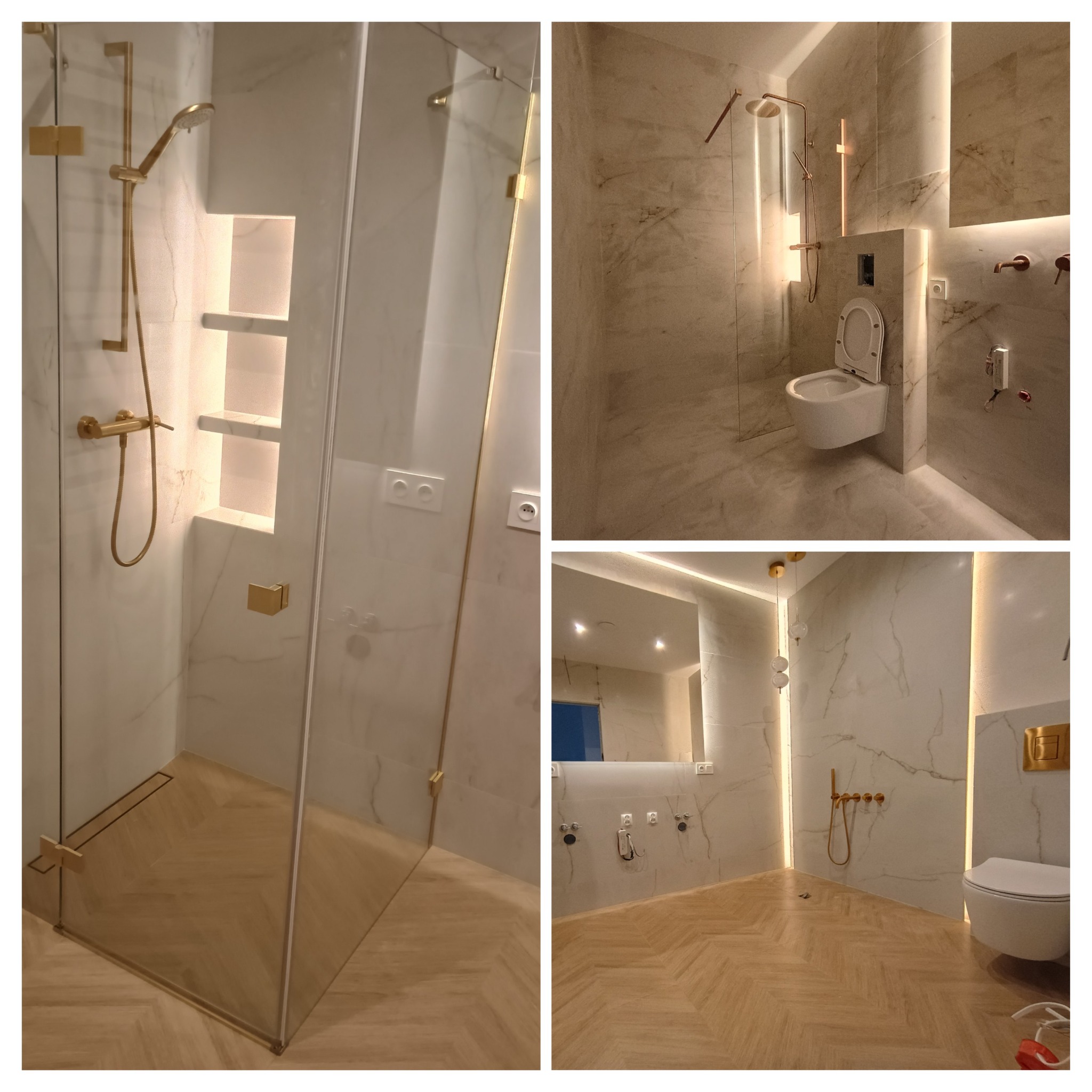 Elegancka łazienka po remoncie: kabina prysznicowa ze złotą armaturą, marmurowe płytki, oświetlenie LED i parkiet w jodełkę. Nowoczesny design z dbałością o detale.