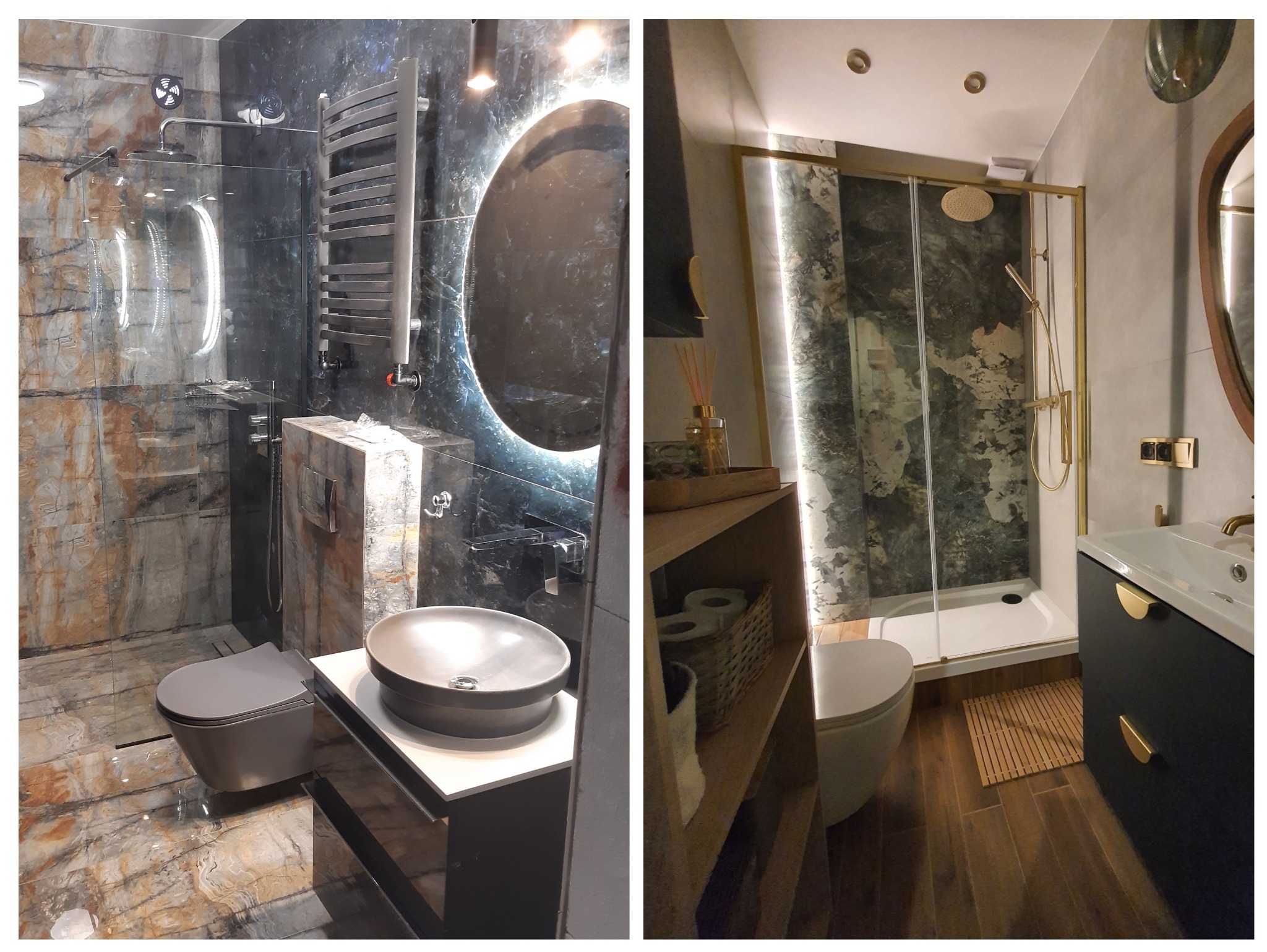 Nowoczesna łazienka z marmurowymi płytkami, okrągłym lustrem z podświetleniem LED i kabiną prysznicową ze złotymi detalami. Umywalka nablatowa i drewniane akcenty.