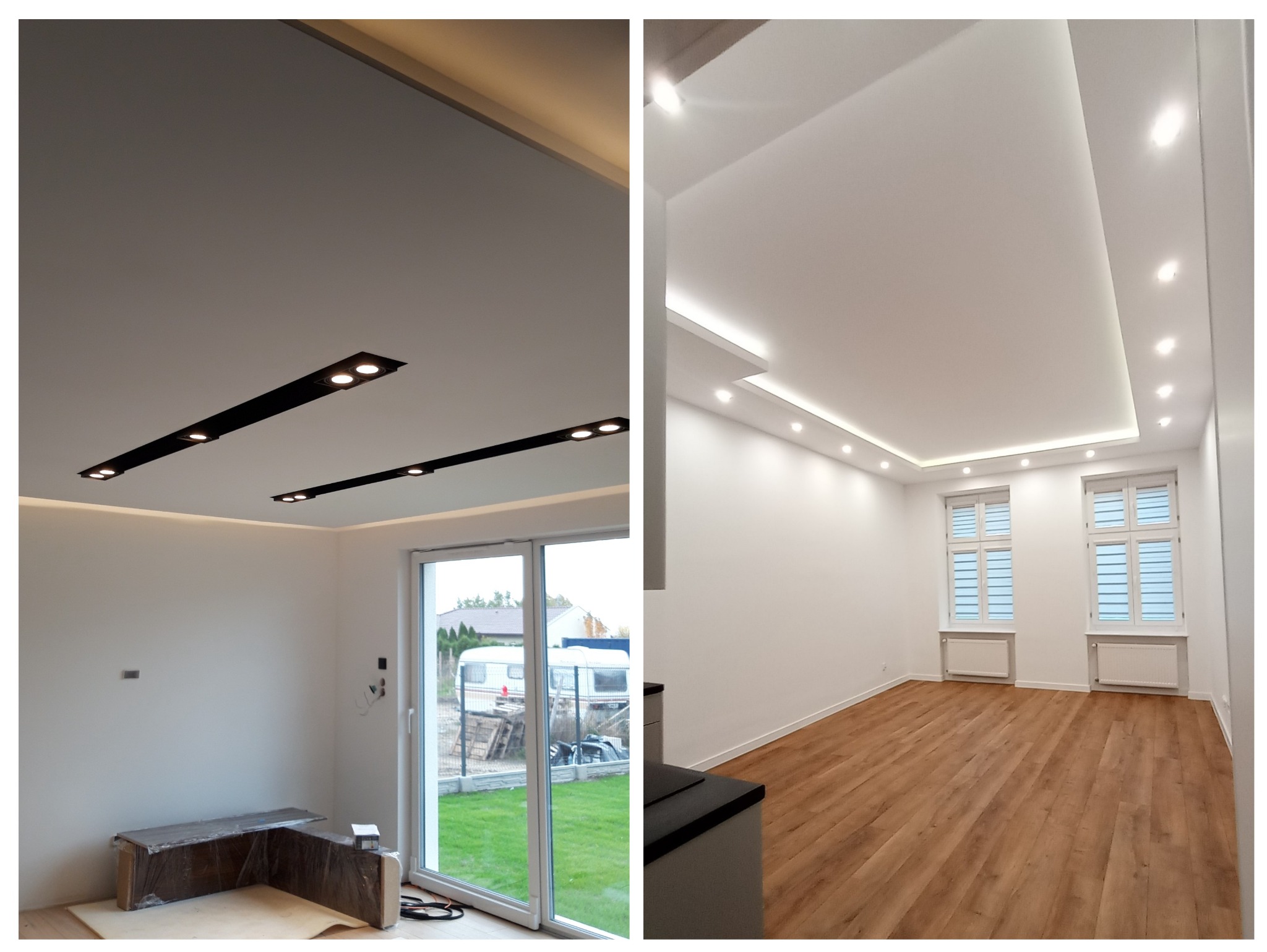 Porównanie: nowoczesny salon z oświetleniem LED w suficie podwieszanym. Po lewej: surowe wykończenie, po prawej: gotowe wnętrze z drewnianą podłogą i oknami.