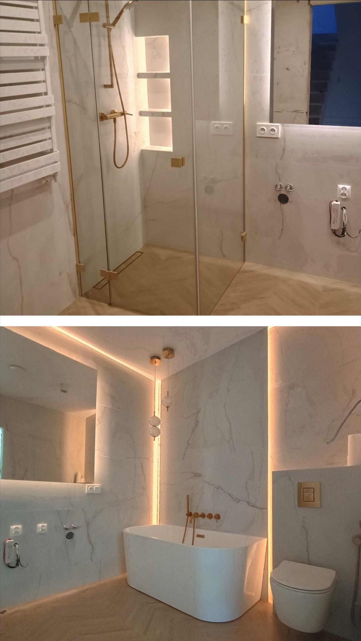 Nowoczesna łazienka z kabiną prysznicową typu walk-in, białą wanną wolnostojącą i złotymi akcentami armatury oraz oświetleniem LED. Marmurowe płytki na ścianach i podłodze.