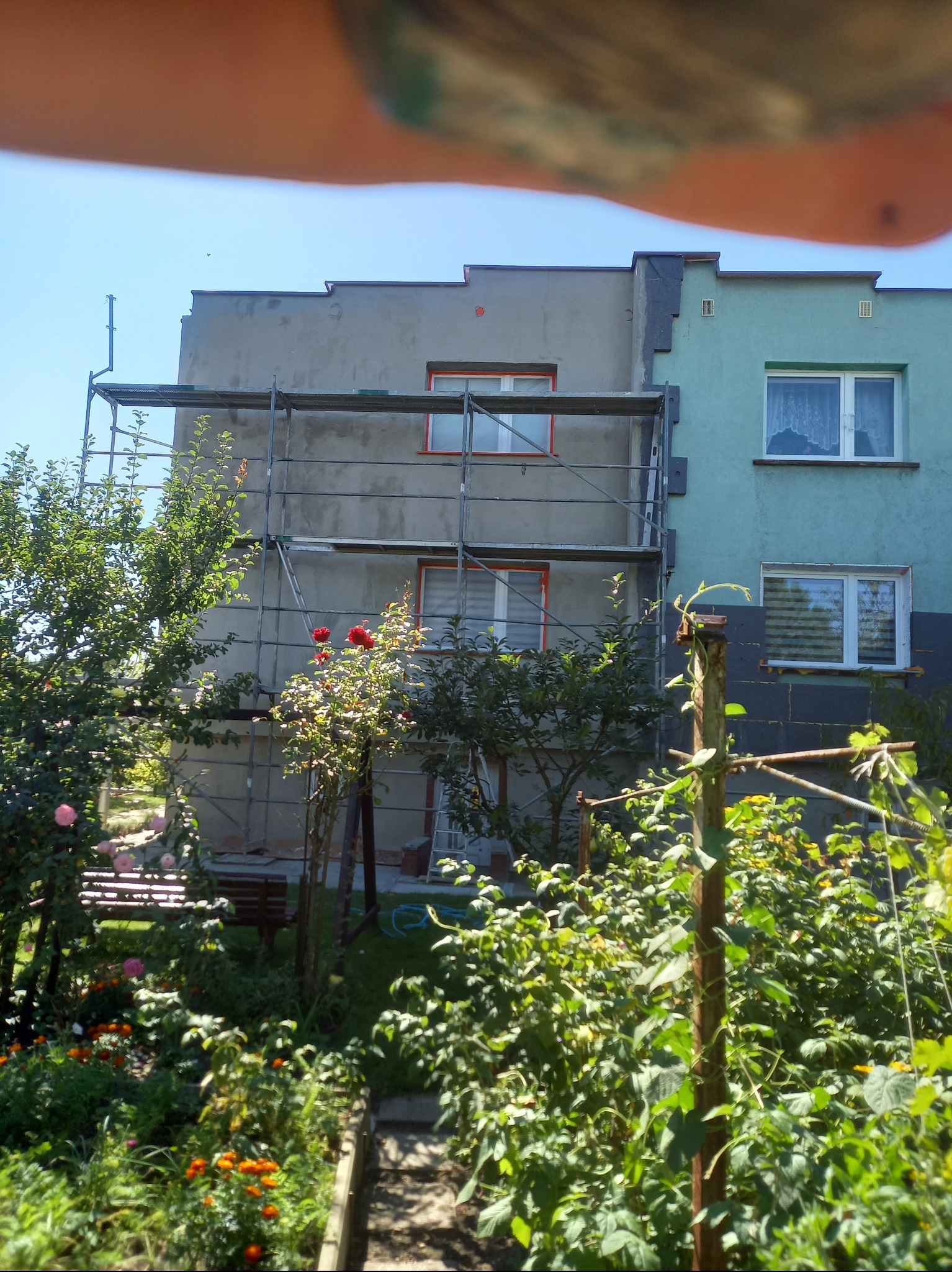 Budynek w trakcie prac elewacyjnych, widoczne rusztowania i fragment ogrodu z kwitnącymi różami. Część budynku otynkowana, druga pomalowana na zielono.