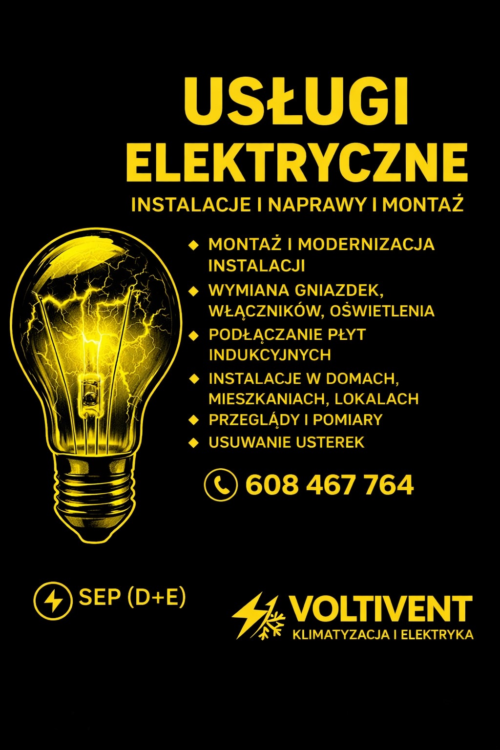 Żółto-czarny baner reklamowy usług elektrycznych: montaż, modernizacja instalacji, wymiana gniazdek, podłączanie płyt indukcyjnych, instalacje w domach, przeglądy, pomiary.