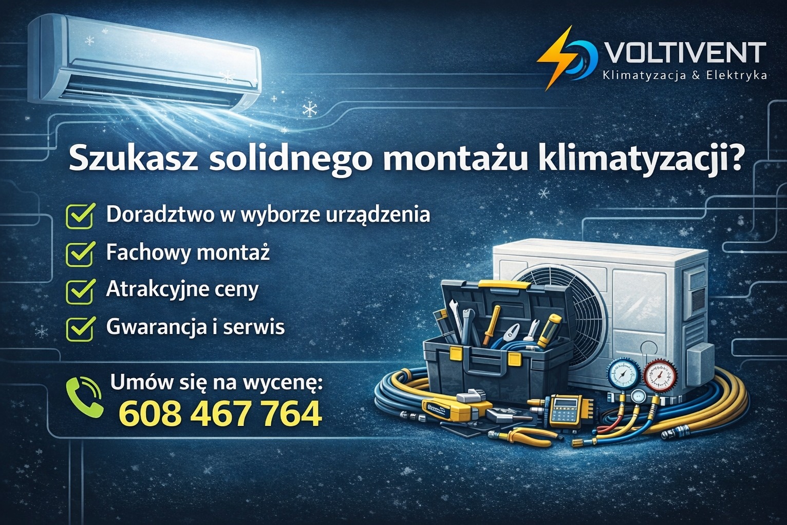 Grafika reklamowa: klimatyzator, narzędzia monterskie, hasło 'Szukasz solidnego montażu klimatyzacji?', logo firmy VoltiVent i numer telefonu.