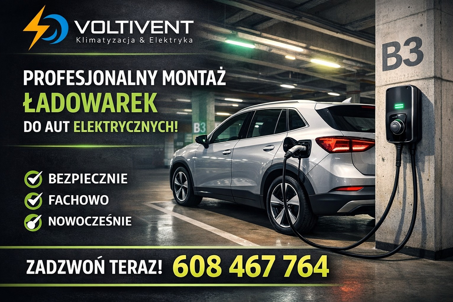Profesjonalny montaż ładowarki do aut elektrycznych. Srebrny samochód elektryczny podłączony do ładowarki na parkingu podziemnym. Logo firmy Voltivent.
