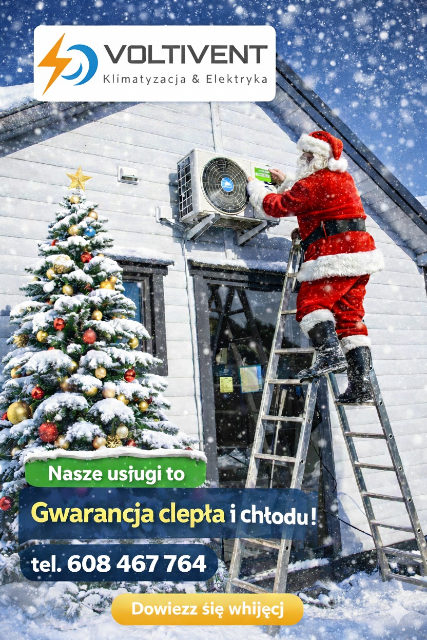 Święty Mikołaj na drabinie montuje klimatyzator na ścianie domu obok choinki. Reklama firmy Voltivent z gwarancją ciepła i chłodu.