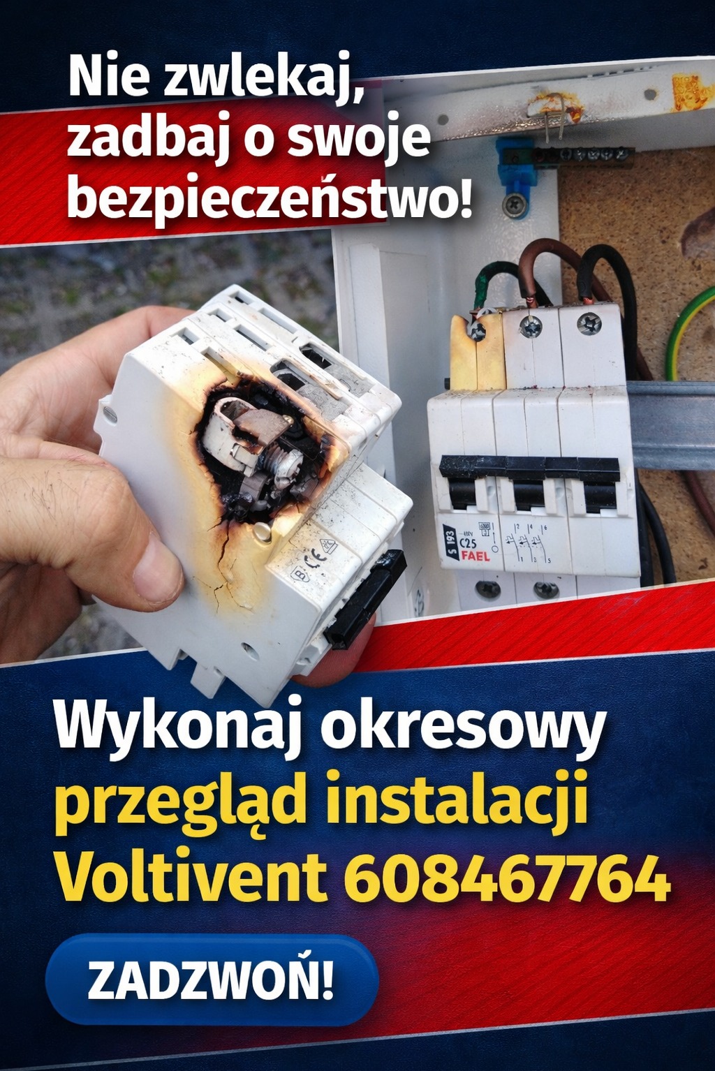 Uszkodzony bezpiecznik w dłoni, obok skrzynka elektryczna. Przepalony element instalacji elektrycznej. Wykonaj przegląd instalacji - Voltivent 608467764.