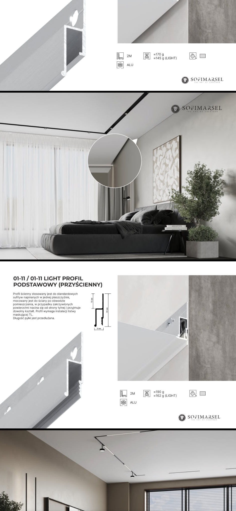 Profil przyścienny do sufitów napinanych z oświetleniem liniowym w sypialni, Kraków. Nowoczesny design, minimalistyczne wykończenie, detale montażowe.