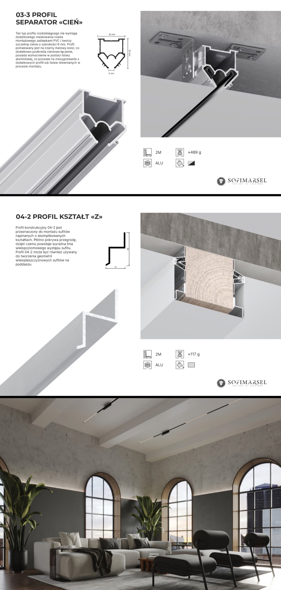 Katalog profili aluminiowych do montażu sufitów napinanych: separator cieniowy i profil Z. Schematy techniczne i zdjęcia detali montażu. Nowoczesne wykończenie wnętrz.
