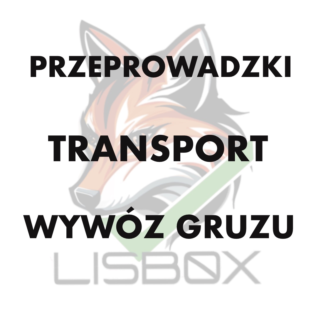 Grafika z napisem 'Przeprowadzki Transport Wywóz Gruzu' i wizerunkiem lisa w tle, logo firmy transportowej.