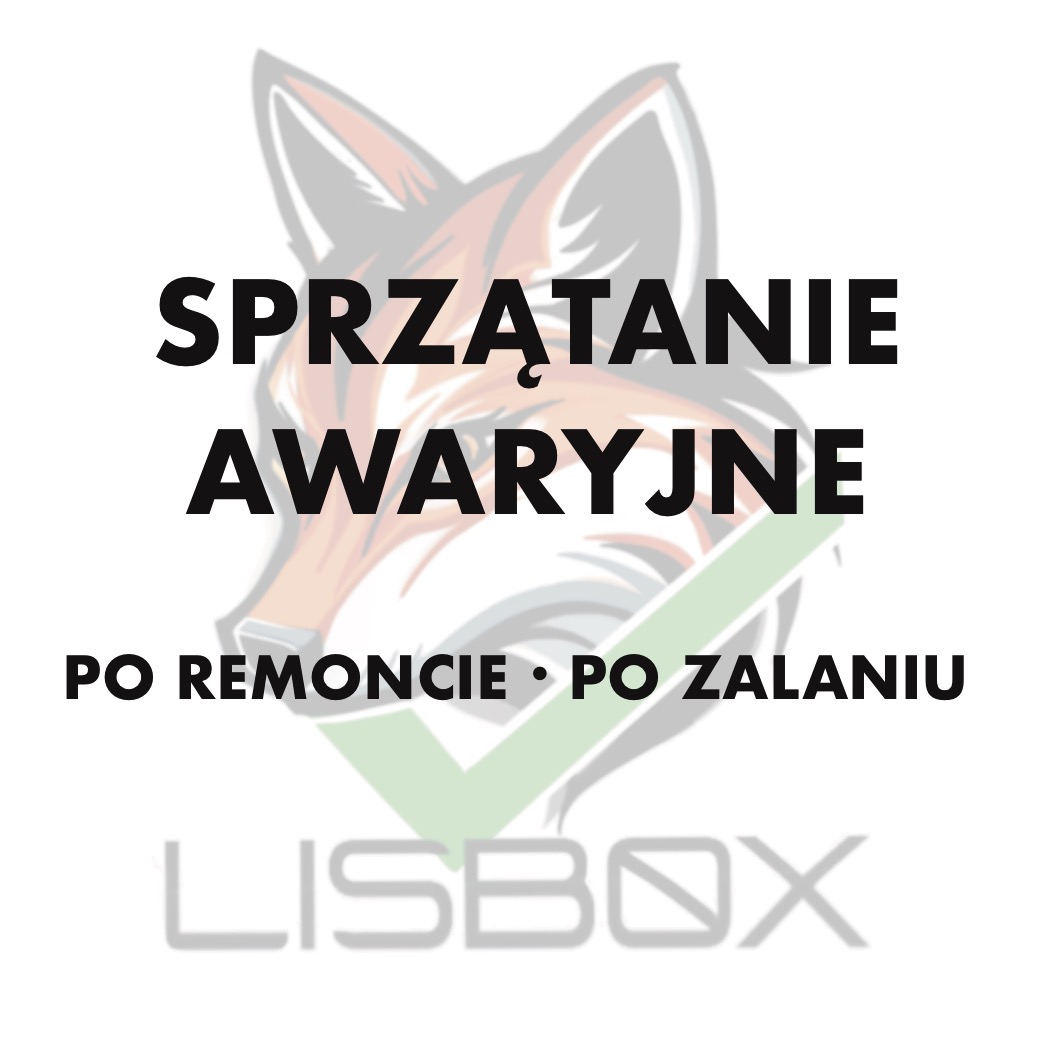 Grafika z napisem 'Sprzątanie awaryjne po remoncie, po zalaniu' na tle wizerunku lisa i zielonego symbolu akceptacji, z nazwą firmy 'LISBOX' na dole.