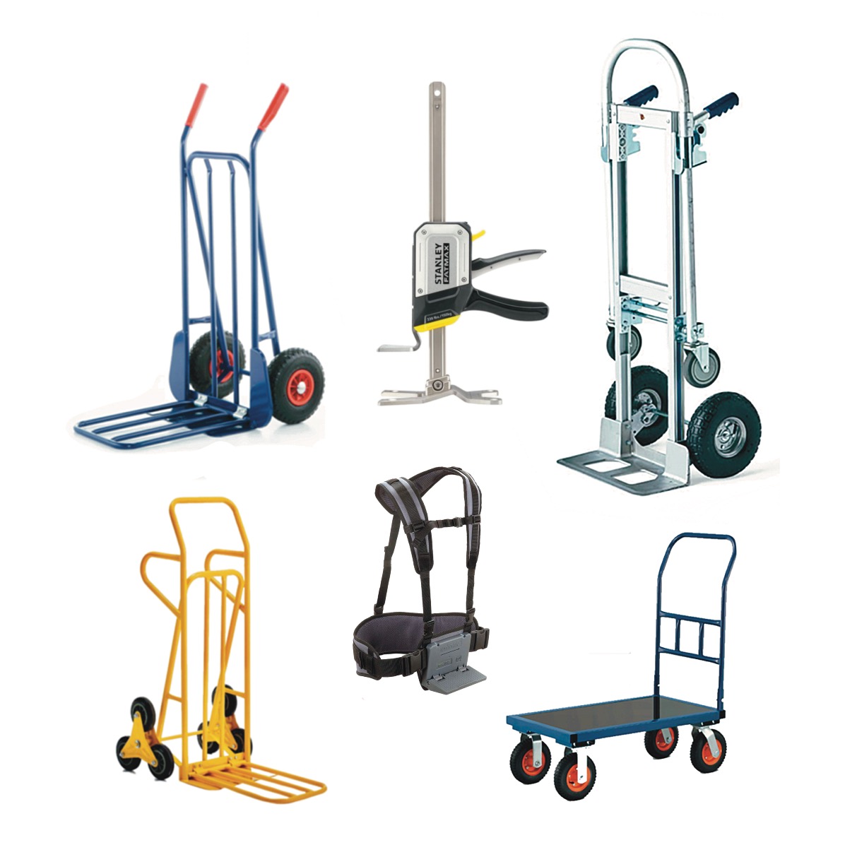 Zestaw różnorodnych wózków transportowych: platformowe, schodowe, z pasami, oraz podnośnik do płyt gipsowych, na białym tle. Sprzęt do przeprowadzek i transportu.