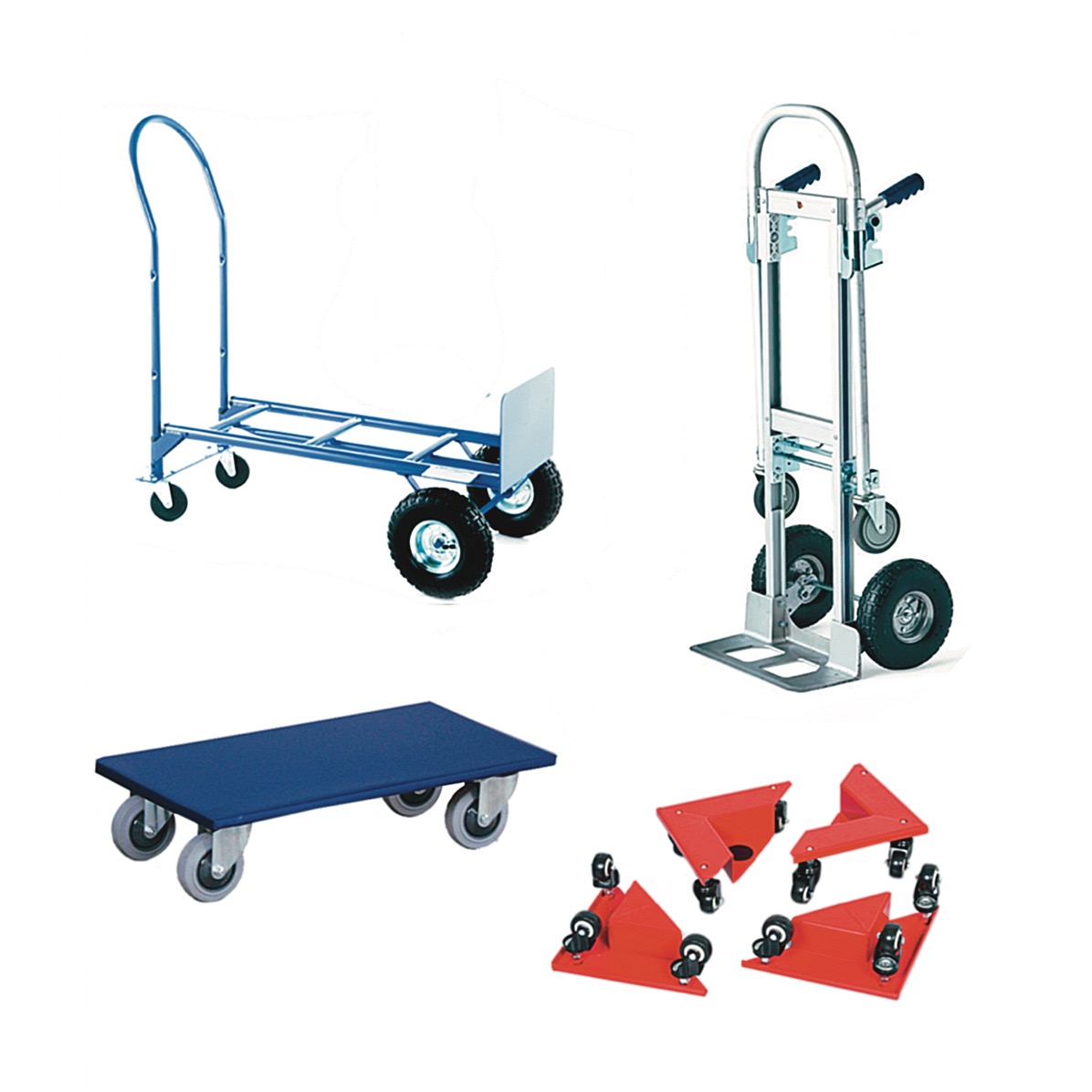 Zestaw różnorodnych wózków transportowych: platformowy niebieski, schodowy srebrny, dwukołowy niebieski i czerwone trójkątne wózki do mebli na białym tle.