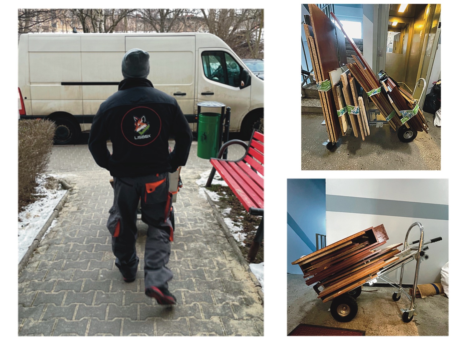 Pracownik firmy przeprowadzkowej z wózkiem transportowym pełnym mebli, idący w stronę białego busa. Widoczny fragment chodnika, ławka i kosz na śmieci.