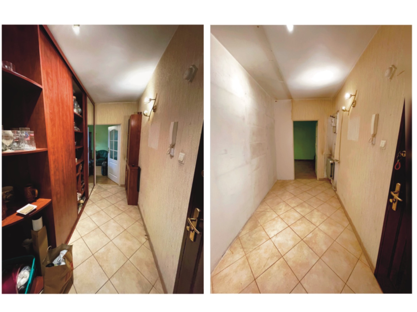 Korytarz mieszkania: po lewej zabudowa szafy z lustrem, po prawej ściana przygotowana do malowania. Widok przed i po remoncie, z beżową podłogą z płytek.