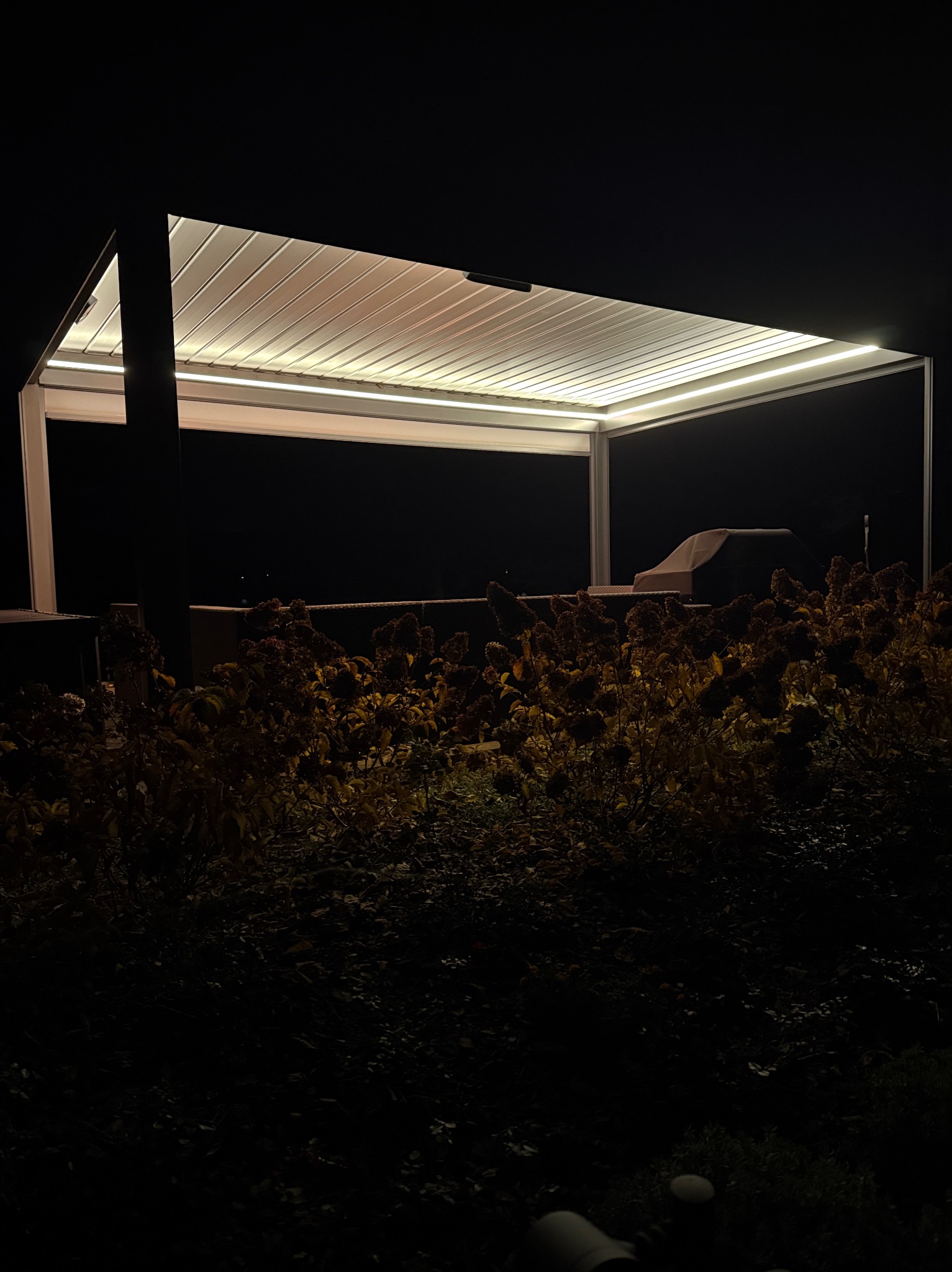 Nowoczesna pergola z oświetleniem LED, widoczna nocą, otoczona roślinnością. Minimalistyczna konstrukcja z jasnym, ciepłym światłem tworzy przytulną atmosferę.