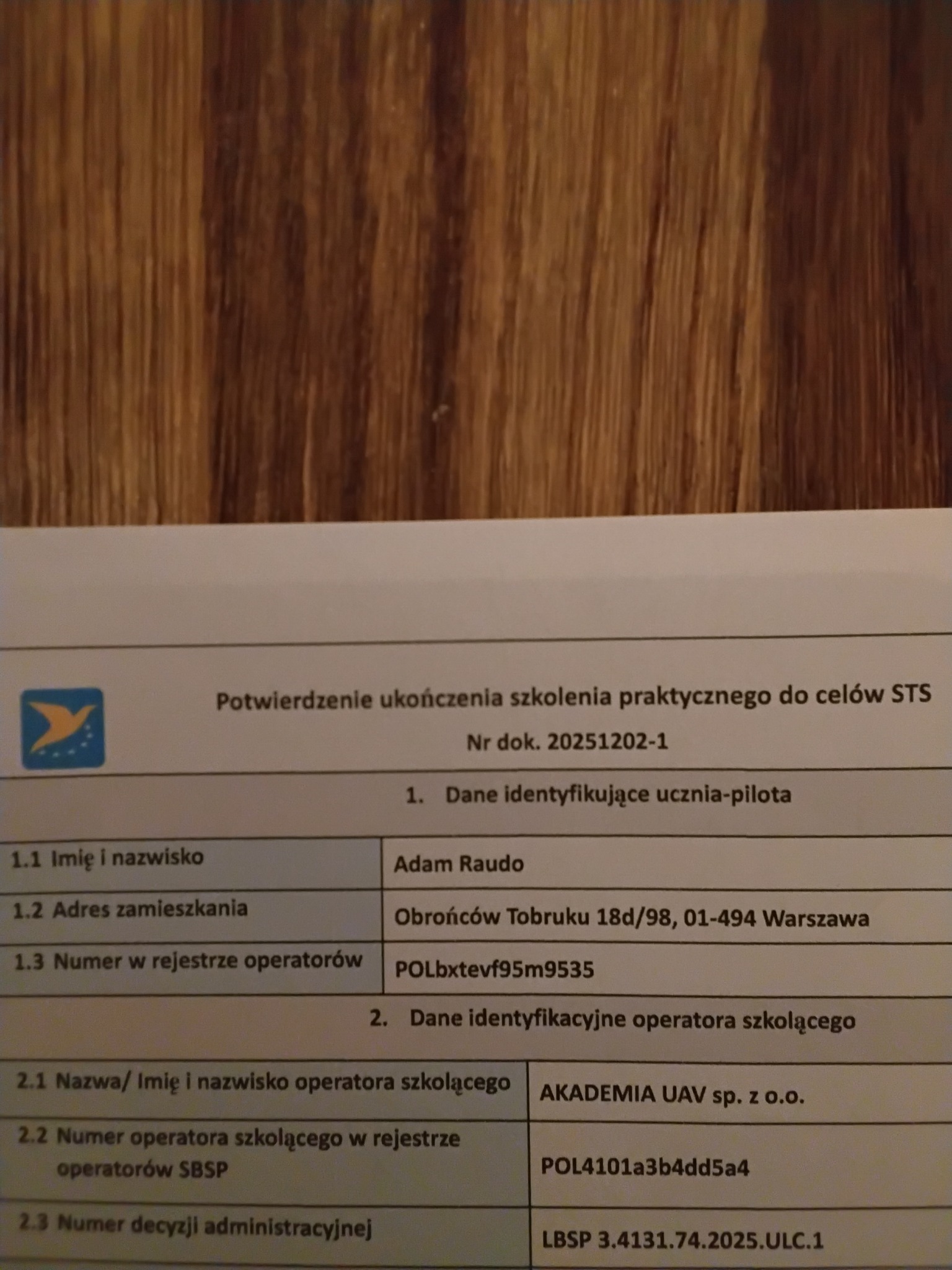 Potwierdzenie kompetencji pilota drona