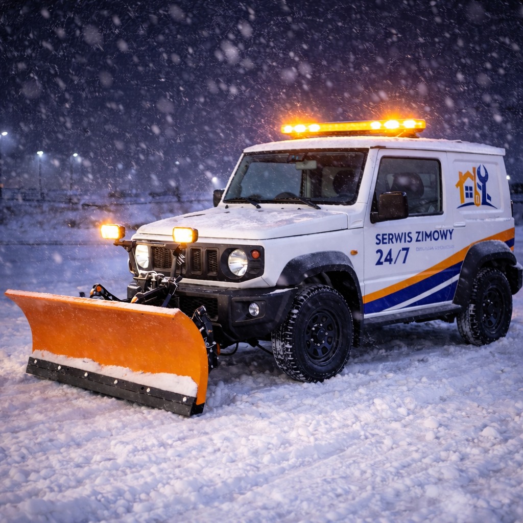 Biały samochód terenowy z pługiem odśnieżnym i napisem 'Serwis Zimowy 24/7' na tle śnieżnej scenerii z padającym śniegiem i oświetleniem ulicznym.