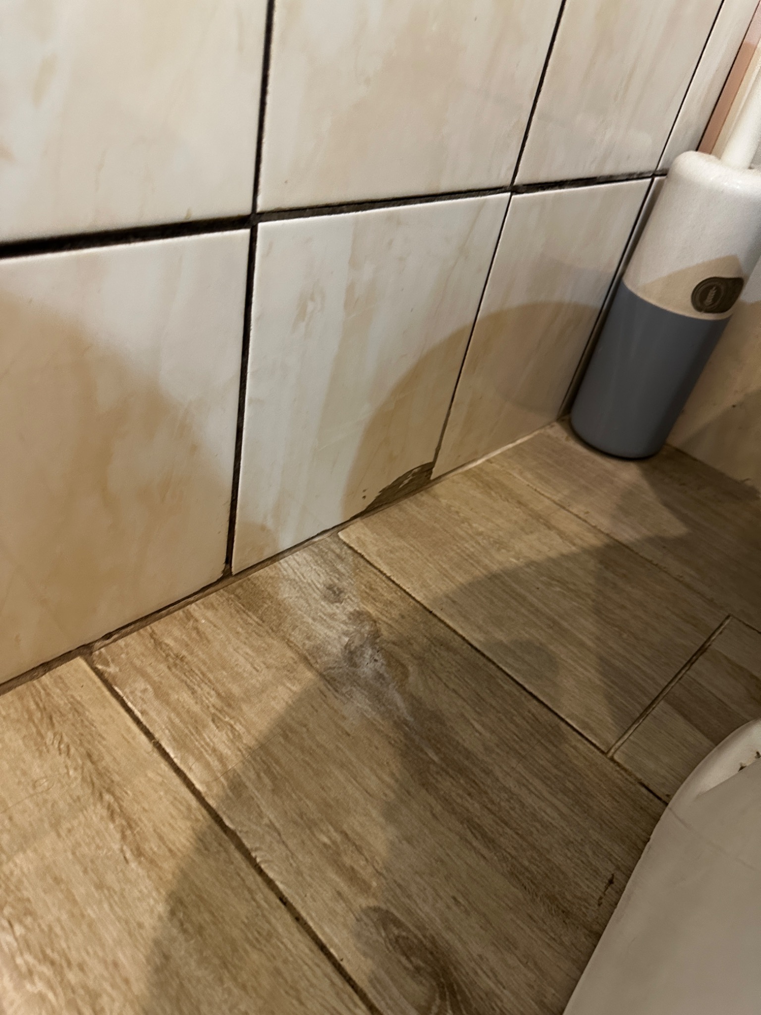 Beżowe płytki ścienne i podłogowe imitujące drewno w łazience, widoczne fugi i fragment toalety. Ujęcie z dołu, blisko podłogi.