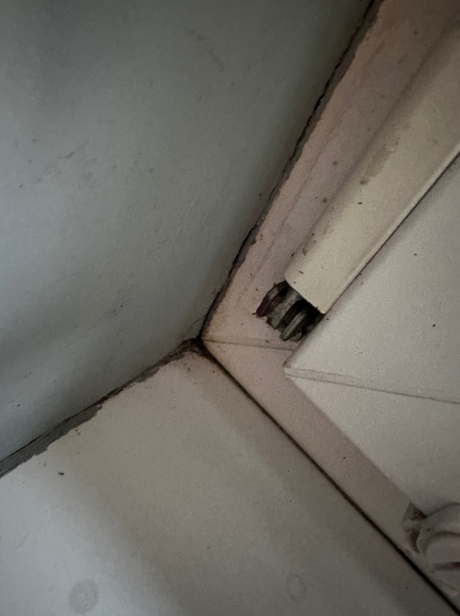 Szczegółowe ujęcie narożnika sufitu i ściany, ukazujące uszkodzenia i niedoskonałości wykończenia. Widoczne pęknięcia i brakujące elementy listwy.