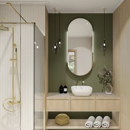 Virtual Space - Nowoczesna łazienka z kabiną prysznicową typu walk-in, złotą armaturą i owalnym lustrem na tle zielonej ściany. Minimalistyczny design z drewnianymi akcentami.
