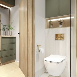 Virtual Space - Nowoczesna łazienka w Olsztynie z toaletą, szafkami w odcieniach zieleni i drewnianymi akcentami. Minimalistyczny design, oświetlenie LED i eleganckie dodatki.