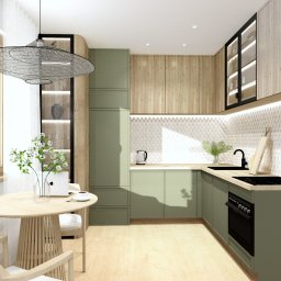Virtual Space - Wizualizacja kuchni w odcieniach zieleni i drewna z okrągłym stołem, designerską lampą i białymi kwiatami. Nowoczesne wykończenie z dbałością o detale.