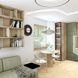 Virtual Space - Wnętrze mieszkania z drewnianym regałem, zieloną sofą i kuchnią w odcieniach zieleni i drewna. Okrągły stół z krzesłami i wisząca lampa dopełniają aranżację.