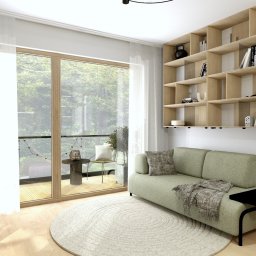 Virtual Space - Wizualizacja salonu z wyjściem na balkon: zielona sofa, okrągły dywan, regał z książkami i dekoracjami. Jasne wnętrze z naturalnym światłem.