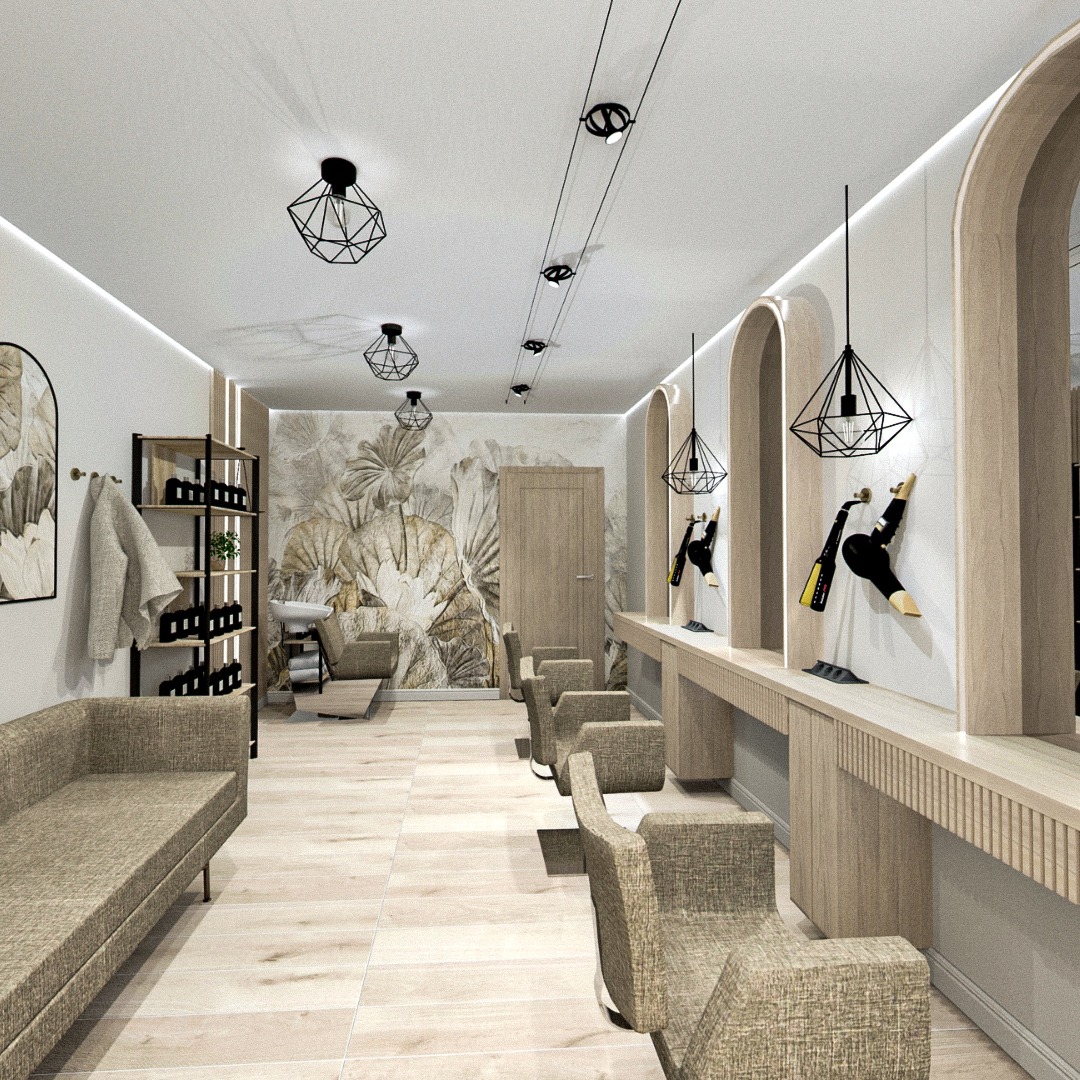 Wnętrze salonu fryzjerskiego z motywem roślinnym na ścianie, oświetleniem punktowym i stanowiskami z lustrami w kształcie łuków. Widoczna sofa dla klientów.