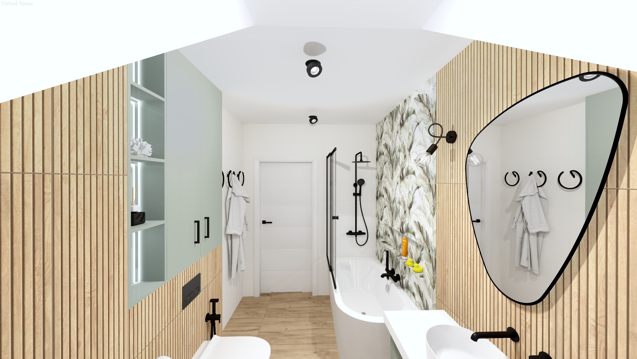 Wizualizacja nowoczesnej łazienki w Olsztynie z drewnianymi panelami, asymetrycznym lustrem i akcentami czerni. Minimalistyczny design z roślinnym motywem na ścianie.