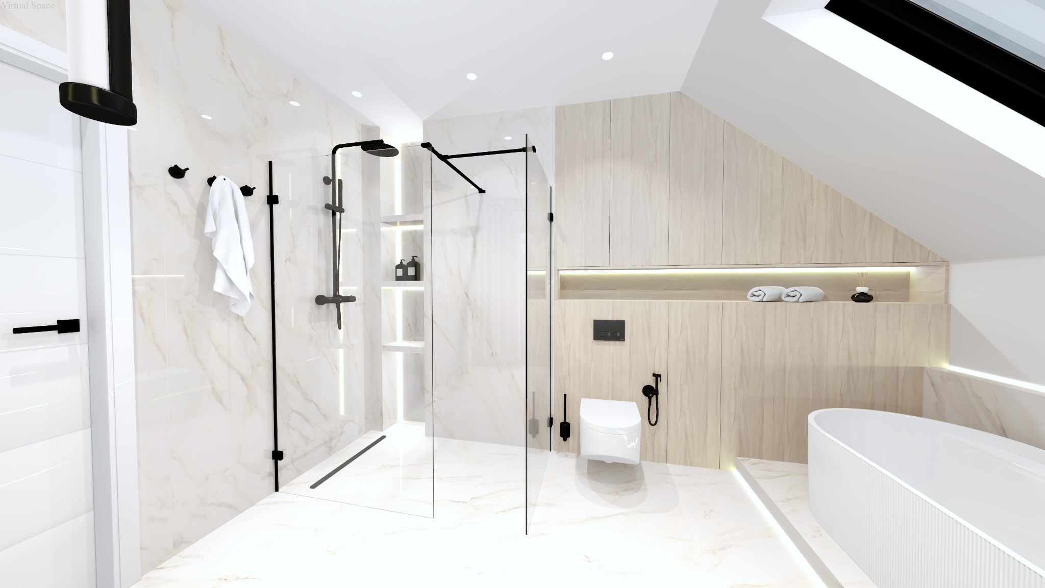 Jasna łazienka na poddaszu z marmurowymi płytkami, kabiną prysznicową typu walk-in z czarnymi elementami i zabudową z jasnego drewna z oświetleniem LED.