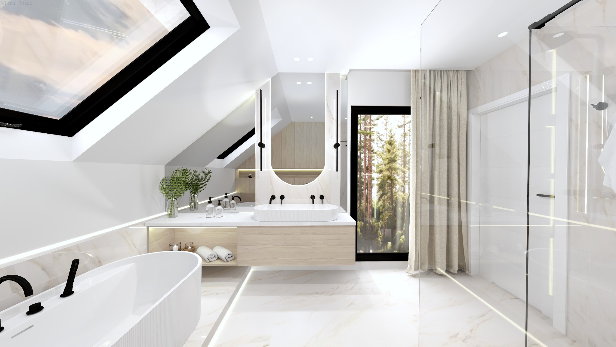 Jasna łazienka na poddaszu z oknem dachowym, owalnym lustrem z podświetleniem, białą wanną i kabiną prysznicową. Minimalistyczny design z elementami drewna.