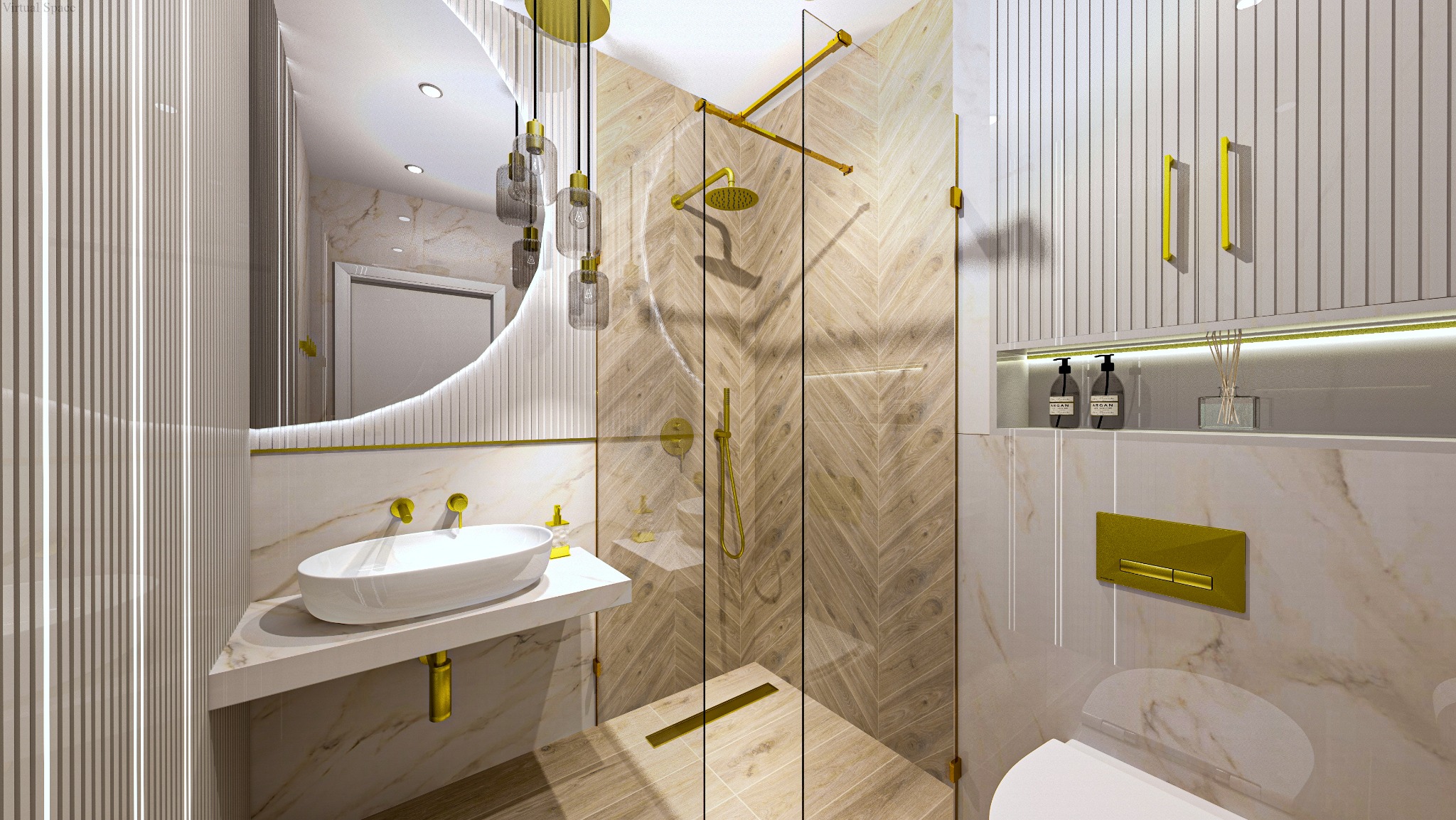 Elegancka łazienka z kabiną prysznicową typu walk-in, umywalką nablatową i okrągłym lustrem z podświetleniem LED. Złote akcenty armatury i oświetlenia.