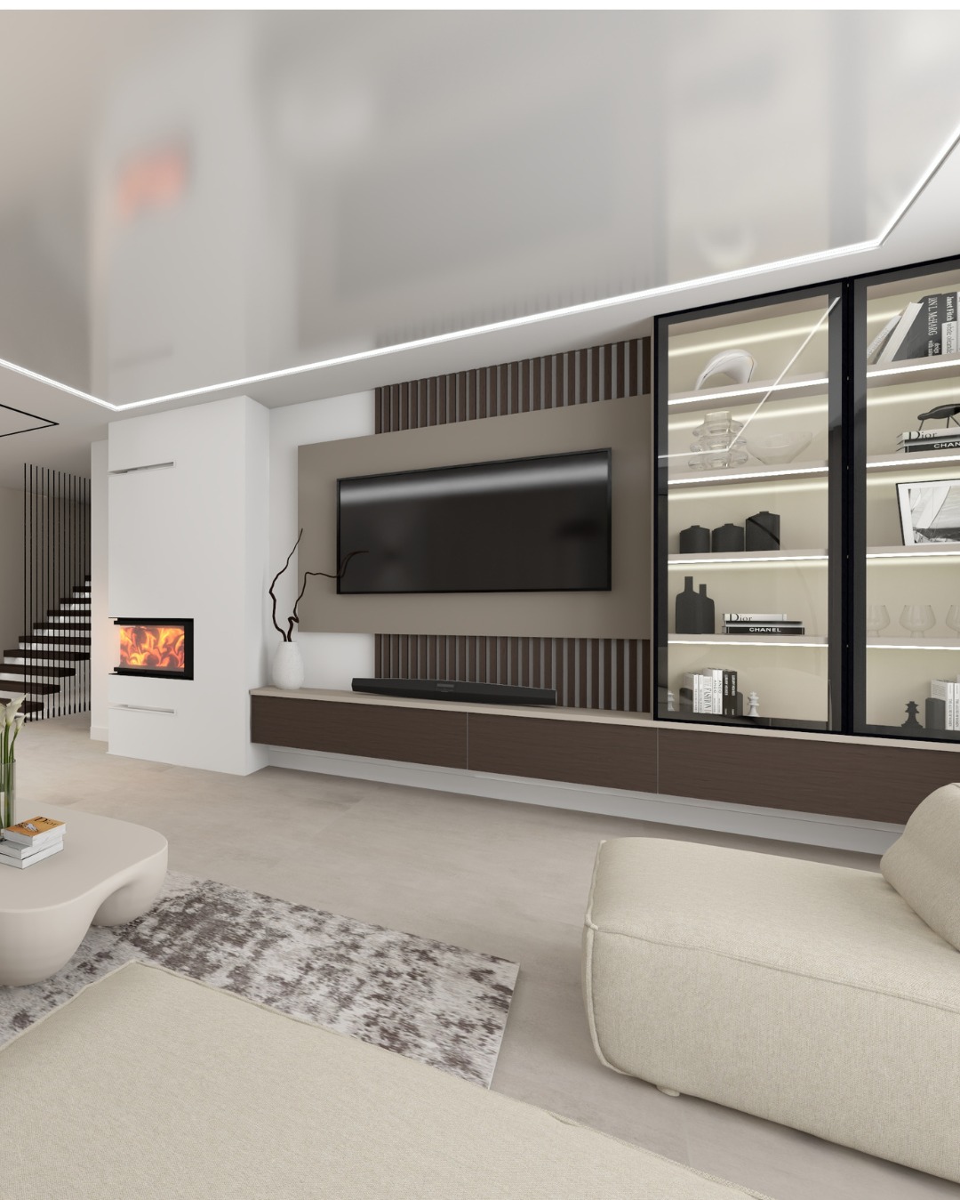 Nowoczesny salon z kominkiem, telewizorem i przeszkloną witryną. Minimalistyczny design, stonowana kolorystyka, oświetlenie LED. Widoczne schody w tle.