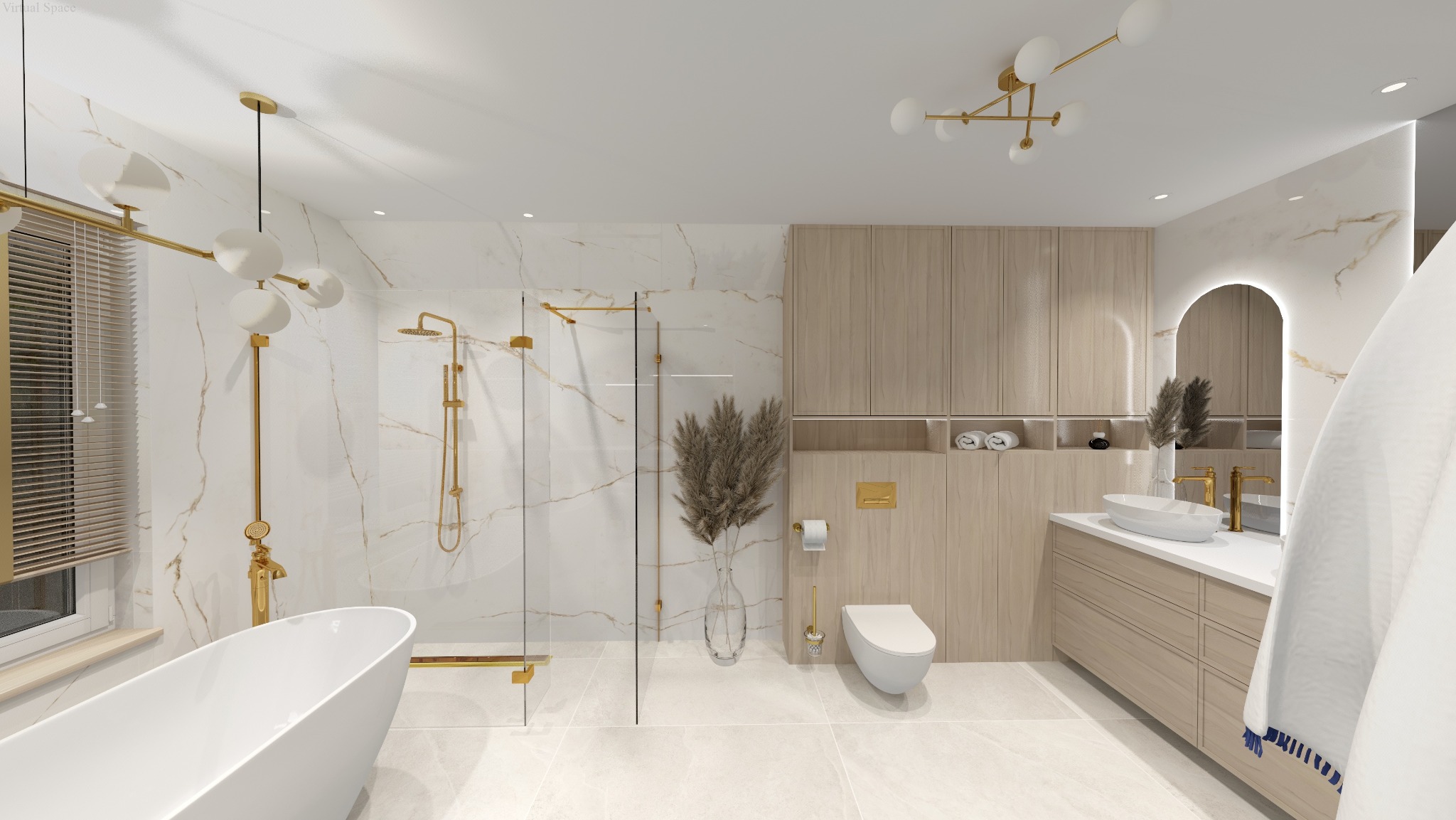 Elegancka łazienka z marmurowymi ścianami, złotą armaturą i drewnianymi szafkami. Uwagę przykuwa wolnostojąca wanna i nowoczesne oświetlenie.