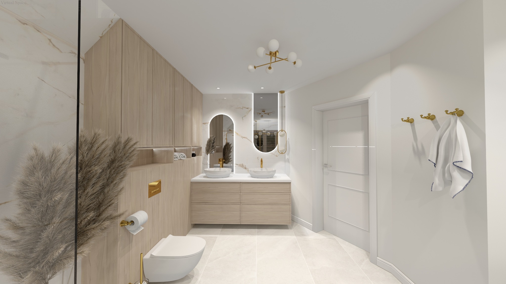 Jasna łazienka z drewnianymi szafkami, podwójną umywalką i okrągłymi lustrami z podświetleniem. Minimalistyczny design z akcentami złota i dekoracyjną trawą pampasową.