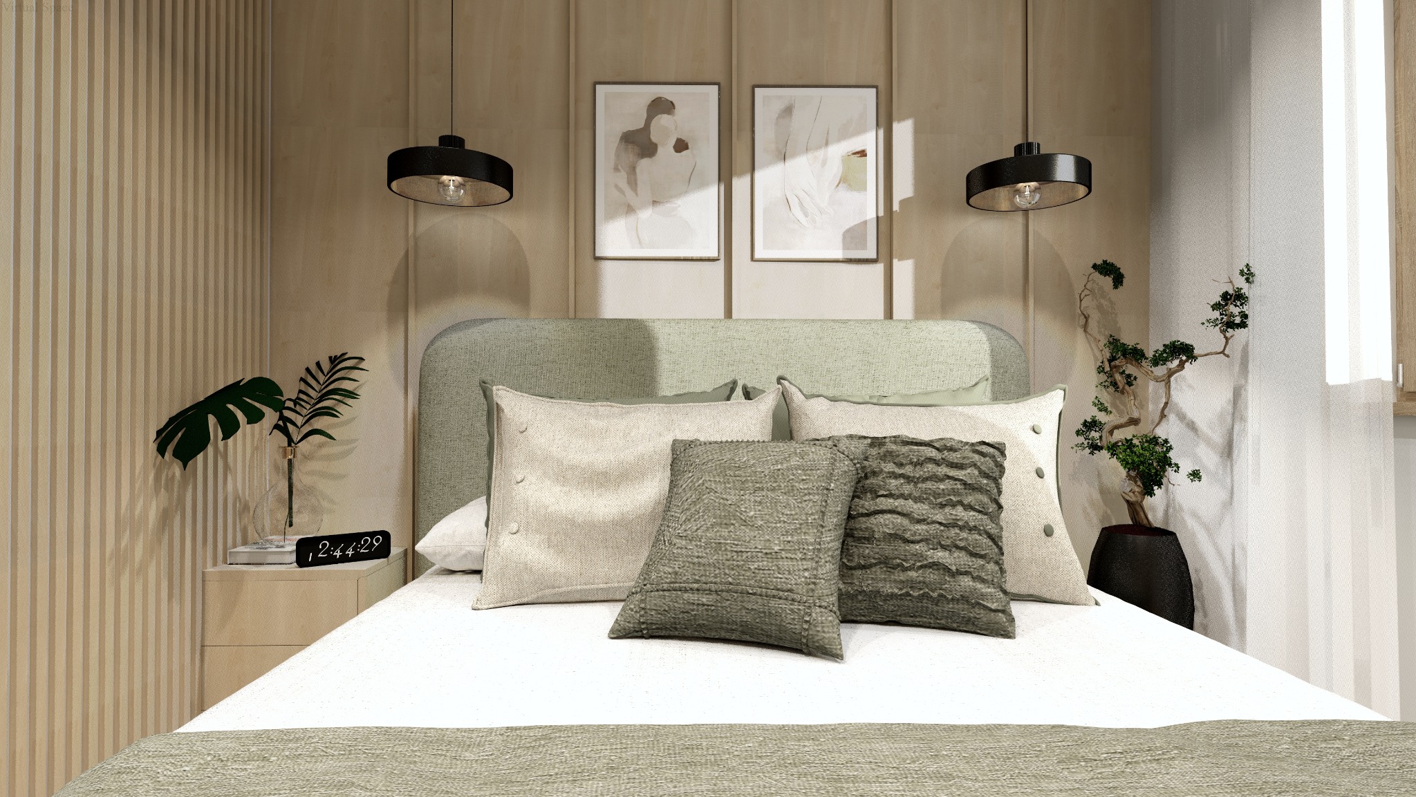 Klimatyczna sypialnia w beżach i zieleniach: łóżko z dekoracyjnymi poduszkami, minimalistyczne lampy wiszące, grafiki na ścianie i rośliny doniczkowe po bokach.