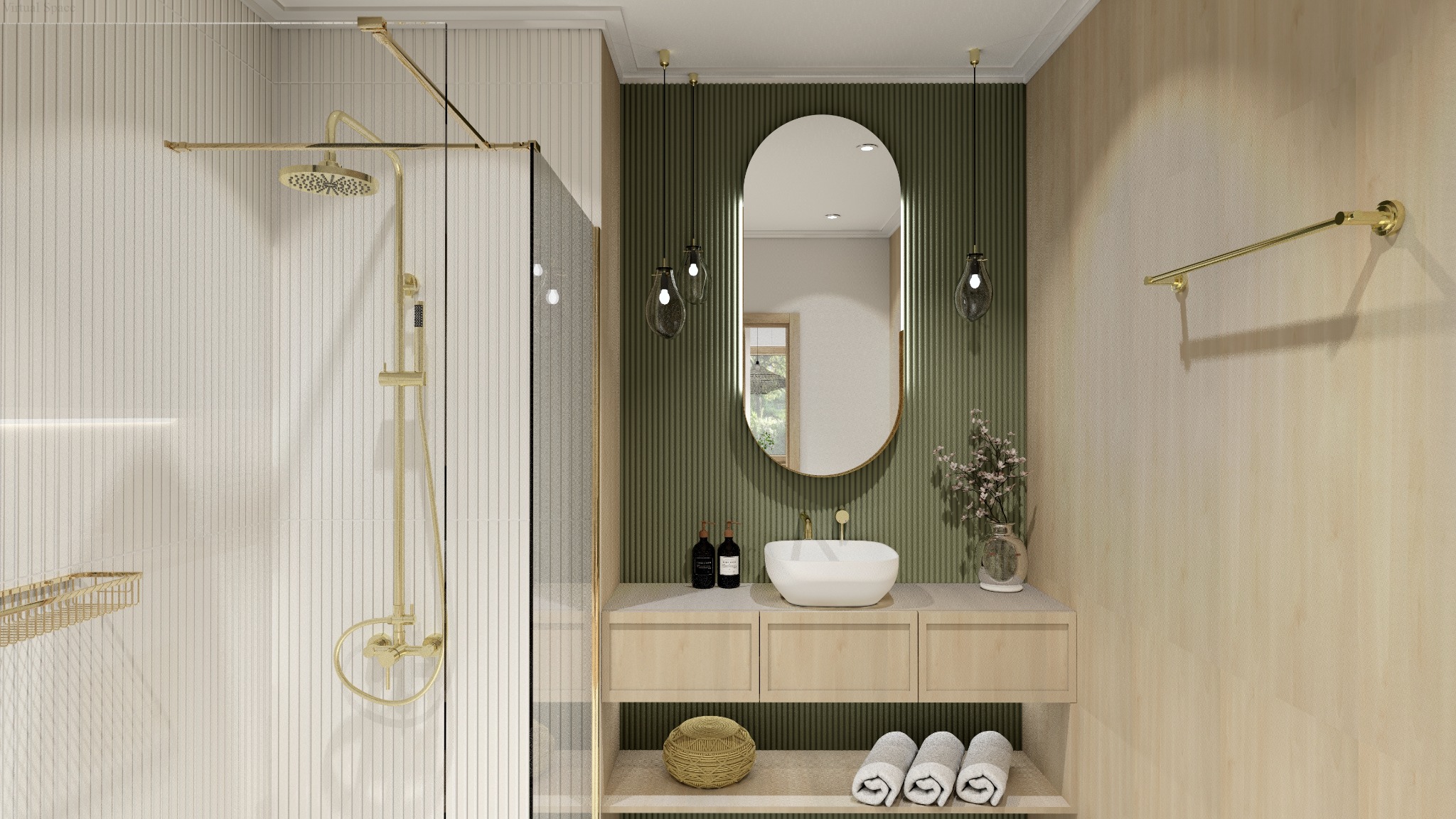 Nowoczesna łazienka z kabiną prysznicową typu walk-in, złotą armaturą i owalnym lustrem na tle zielonej ściany. Minimalistyczny design z drewnianymi akcentami.