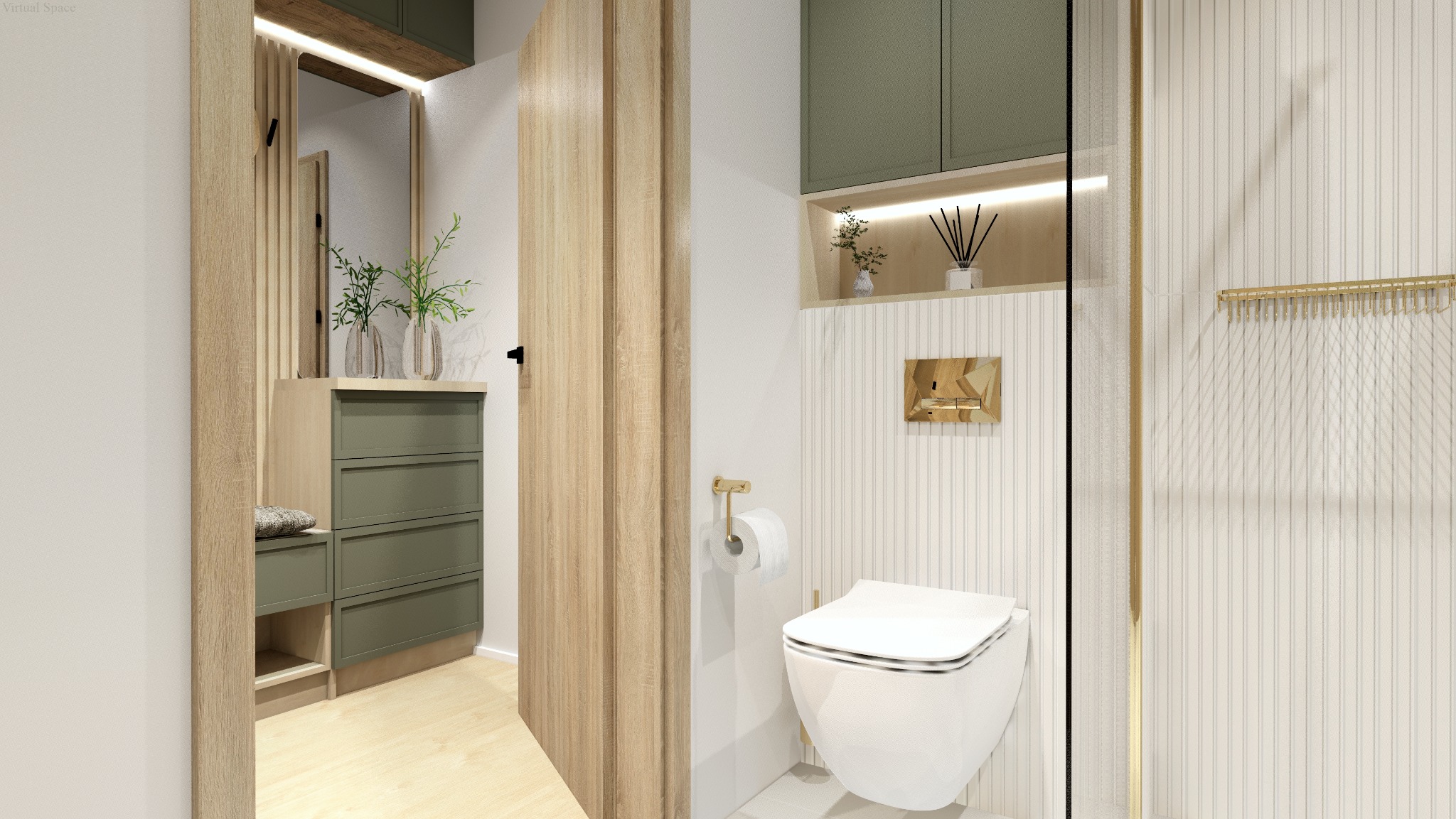 Nowoczesna łazienka w Olsztynie z toaletą, szafkami w odcieniach zieleni i drewnianymi akcentami. Minimalistyczny design, oświetlenie LED i eleganckie dodatki.