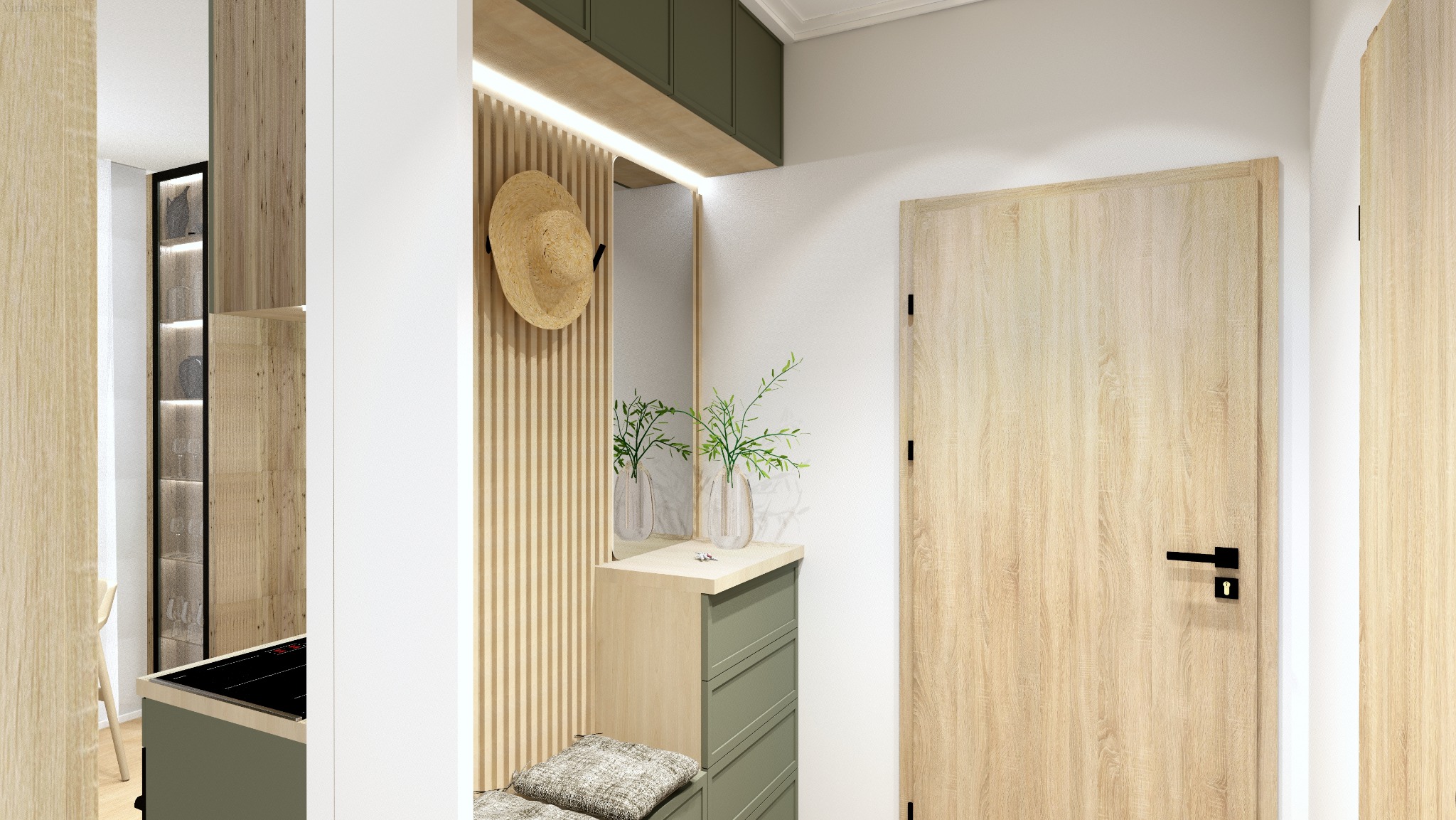 Nowoczesny przedpokój z lustrem, drewnianymi lamelami i zielonymi akcentami. Na ścianie wisi słomkowy kapelusz, a na komodzie stoją wazony z zielonymi gałązkami.