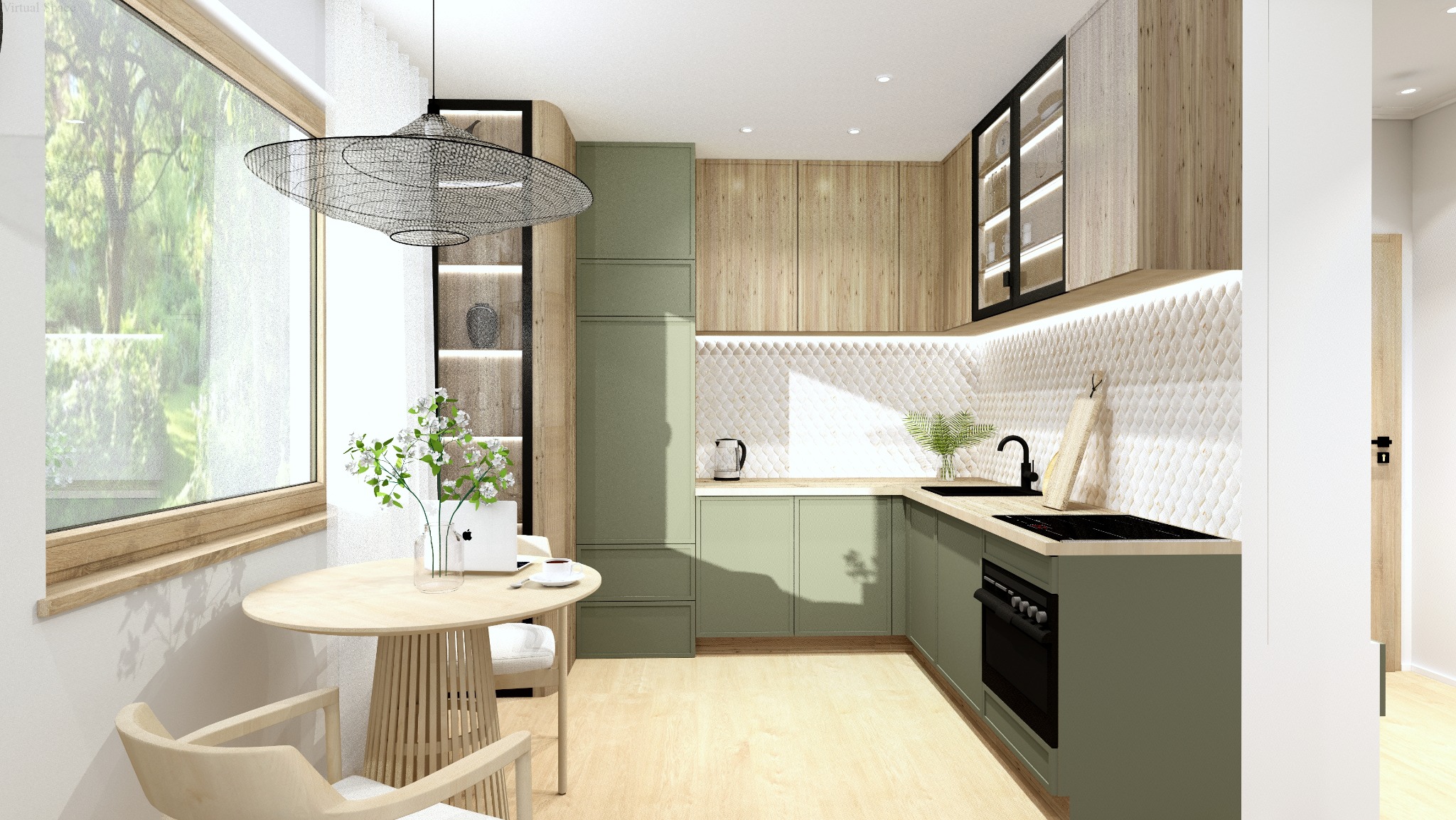 Wizualizacja kuchni w odcieniach zieleni i drewna z okrągłym stołem, designerską lampą i białymi kwiatami. Nowoczesne wykończenie z dbałością o detale.