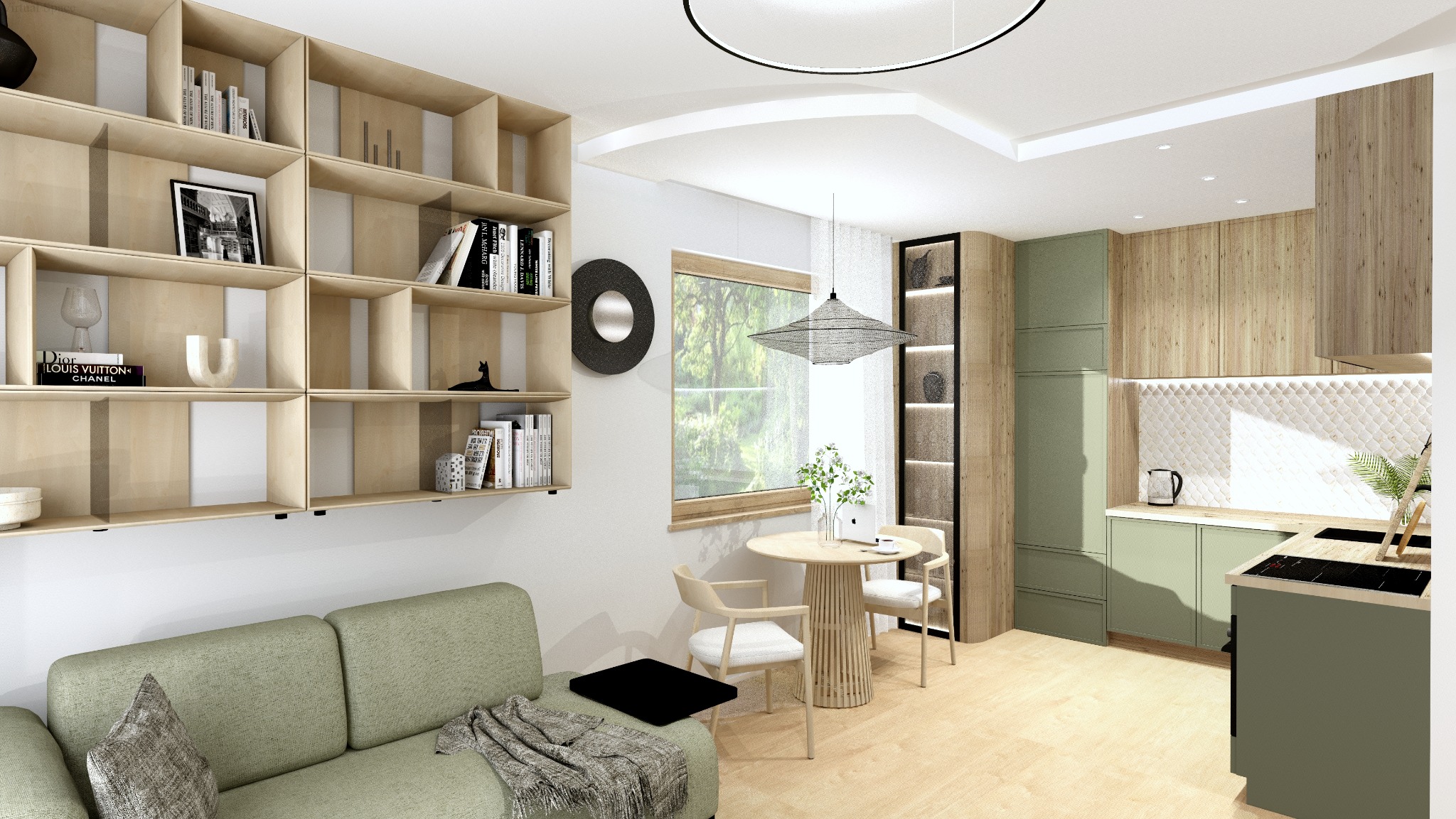 Wnętrze mieszkania z drewnianym regałem, zieloną sofą i kuchnią w odcieniach zieleni i drewna. Okrągły stół z krzesłami i wisząca lampa dopełniają aranżację.
