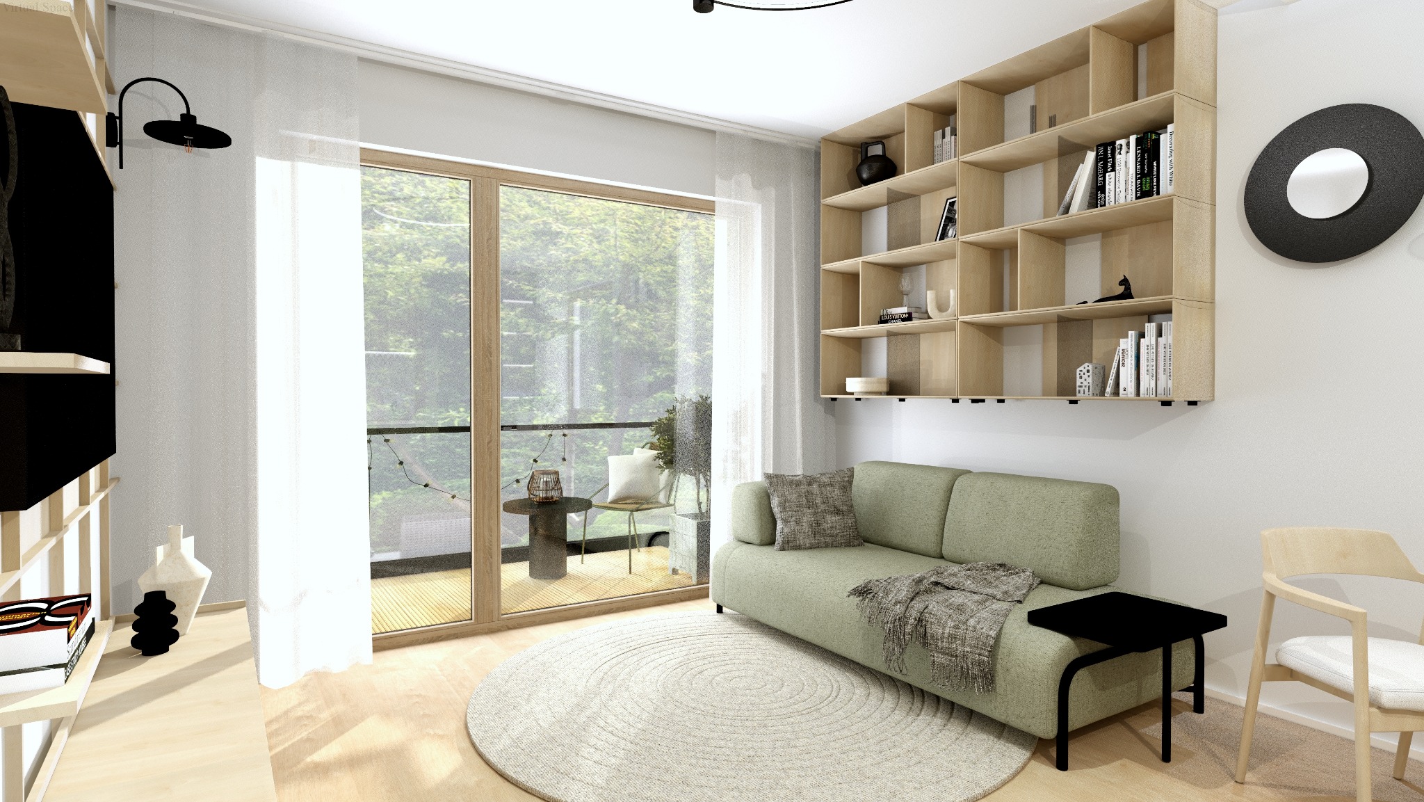 Wizualizacja salonu z wyjściem na balkon: zielona sofa, okrągły dywan, regał z książkami i dekoracjami. Jasne wnętrze z naturalnym światłem.