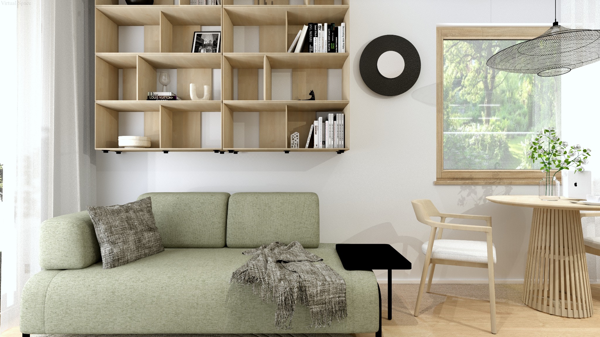 Jasny salon z zieloną sofą, drewnianym regałem i okrągłym stołem przy oknie. Minimalistyczny design, naturalne światło, dekoracje na półkach, lampa wisząca.