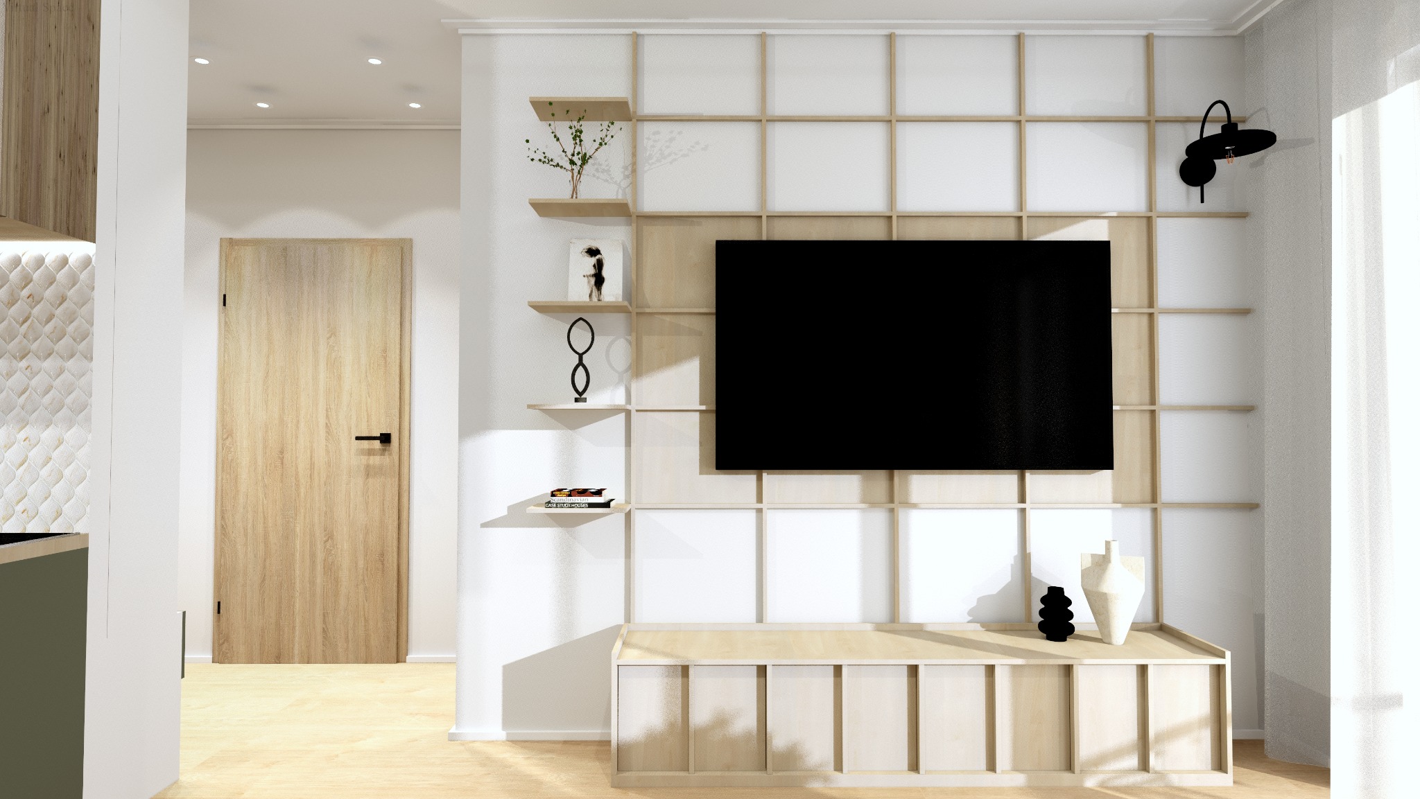 Nowoczesny salon z drewnianą ścianą działową, półkami i szafką RTV. Minimalistyczny design, czarny telewizor i dekoracje. Jasne drewno i białe ściany.