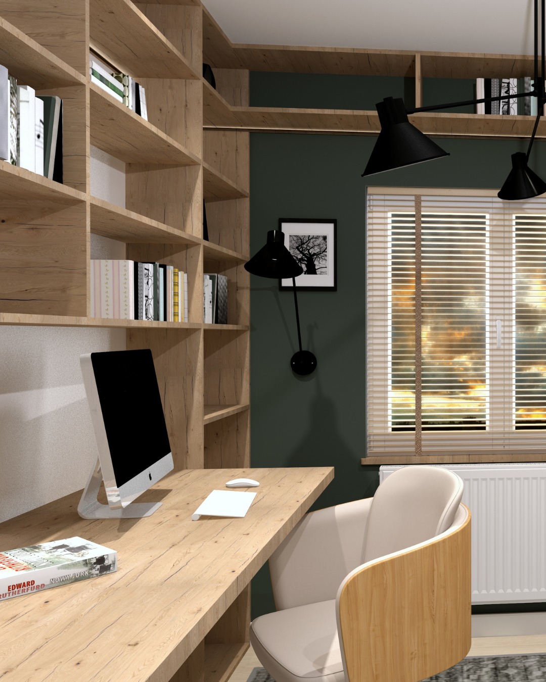 Nowoczesny gabinet z biurkiem z drewna, komputerem i regałem na książki. Czarna lampa i obraz na ciemnozielonej ścianie. Żaluzje w oknie wpuszczają światło.