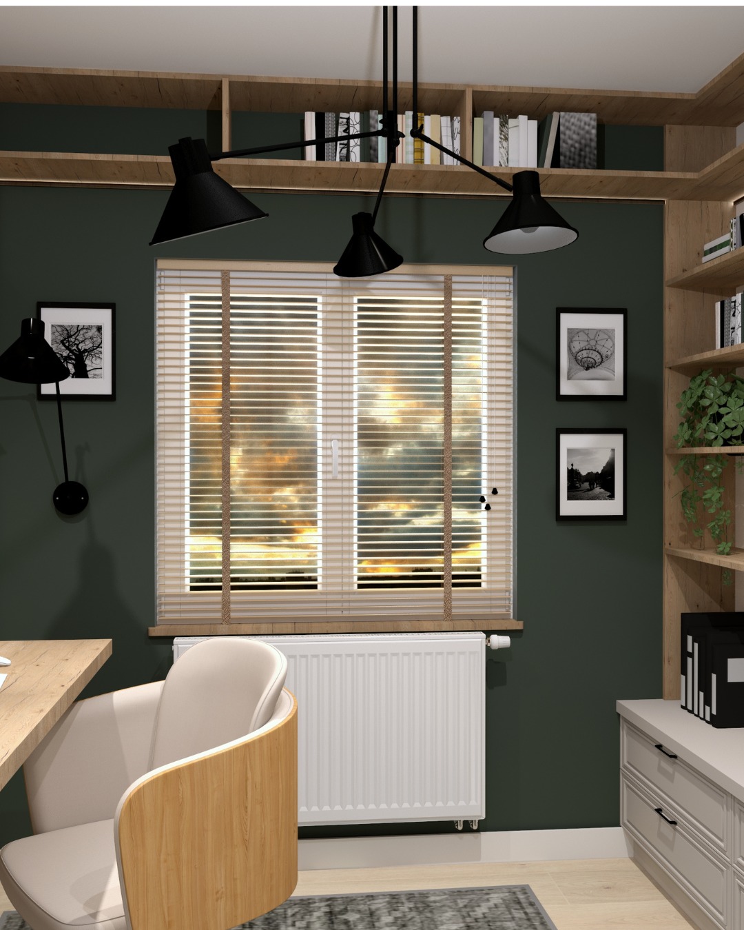 Nowoczesny pokój z biurkiem, krzesłem i oknem z żaluzjami. Ciemnozielone ściany, drewniane półki i designerska lampa sufitowa tworzą przytulną atmosferę.