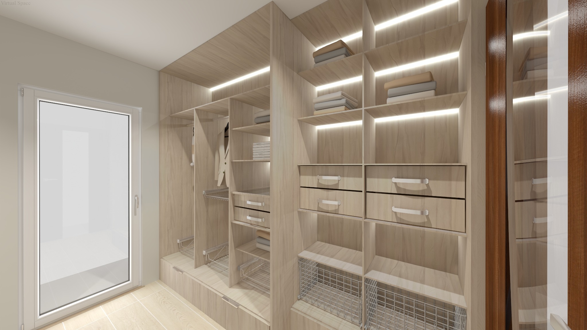 Jasna garderoba z oświetleniem LED, półkami, szufladami i koszami. Widok na drzwi wejściowe. Projekt wnętrza z dbałością o detale i funkcjonalność.